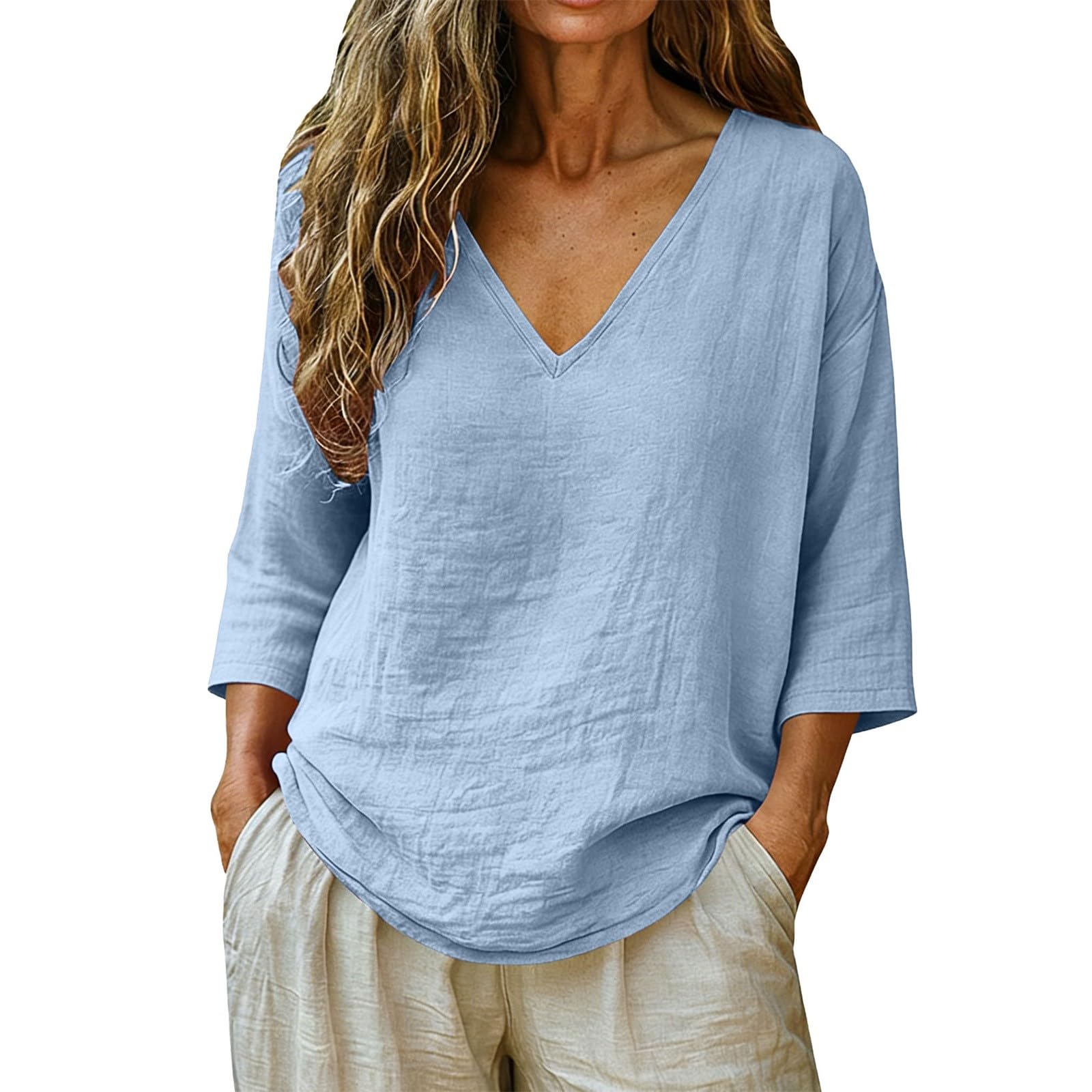 Linen Shirt Women 3/4 Sleeve Summer Casual V Neck Spring Tops Tunic Blouses Loose Fit Cotton Trendy Beach Vacation Clothes