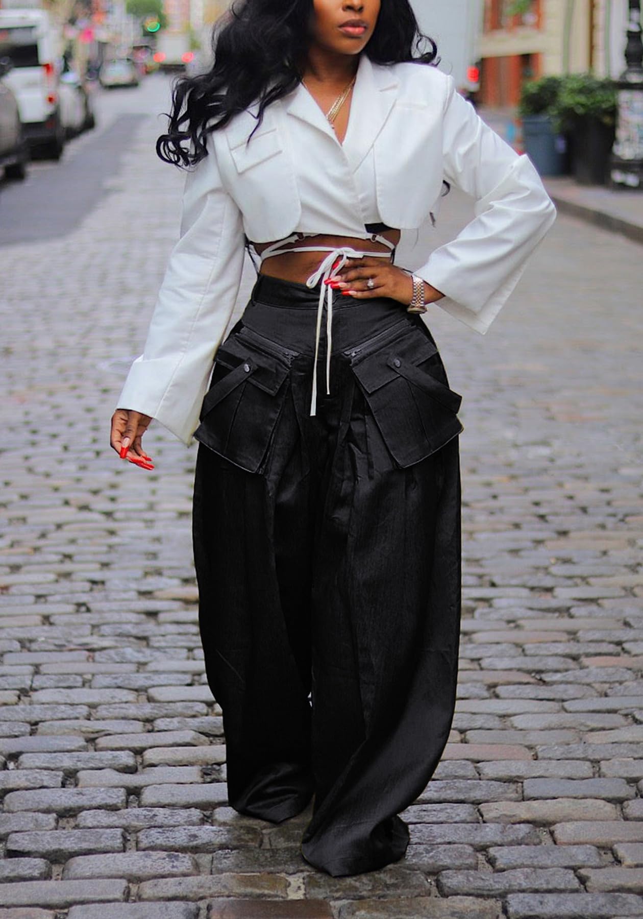 DINGANG High Waisted Wide Leg Cargo Pants Women Flowy Casual Pants with Zippers Pockets