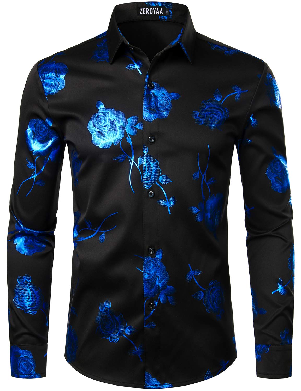 ZEROYAA Mens Hipster 3D Golden Rose Floral Printed Slim Fit Long Sleeve Button Down Dress Shirts