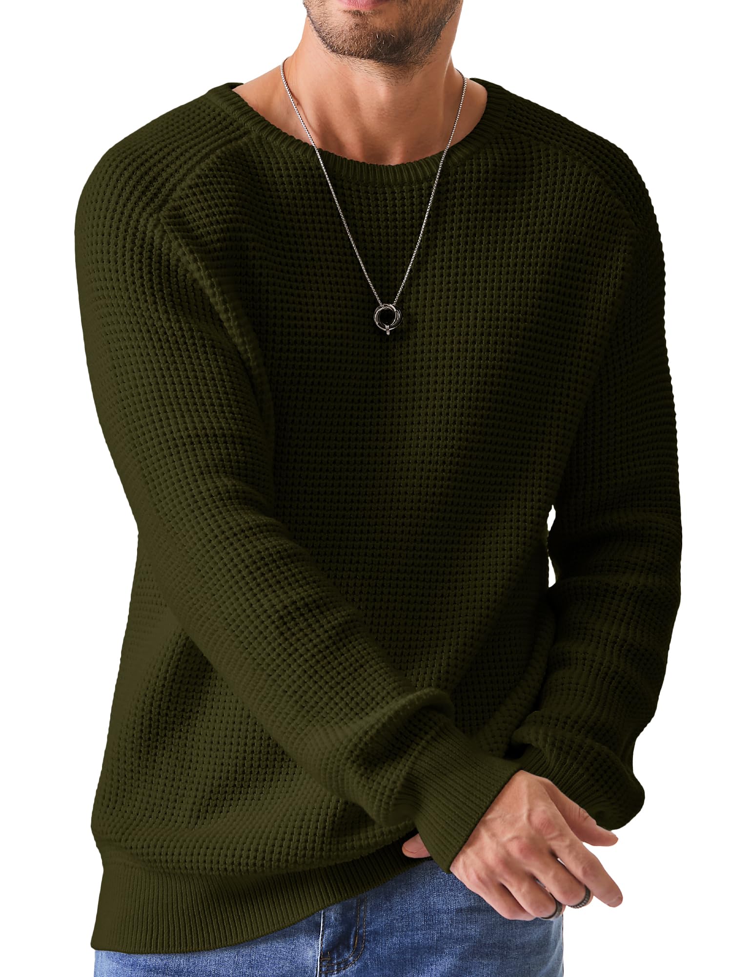 JMIERR Men's Crewneck Pullover Sweater Waffle Textured Knitted Sweaters Casual Loose Fit Sweaters with Ribbing Edge