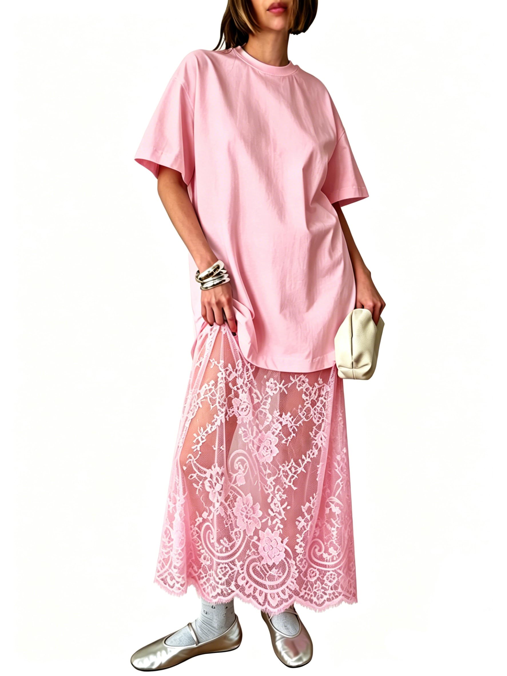 miduo Womens Summer Short Sleeve Crewneck Lace Patchwork Maxi Dress Casual Long Dresses