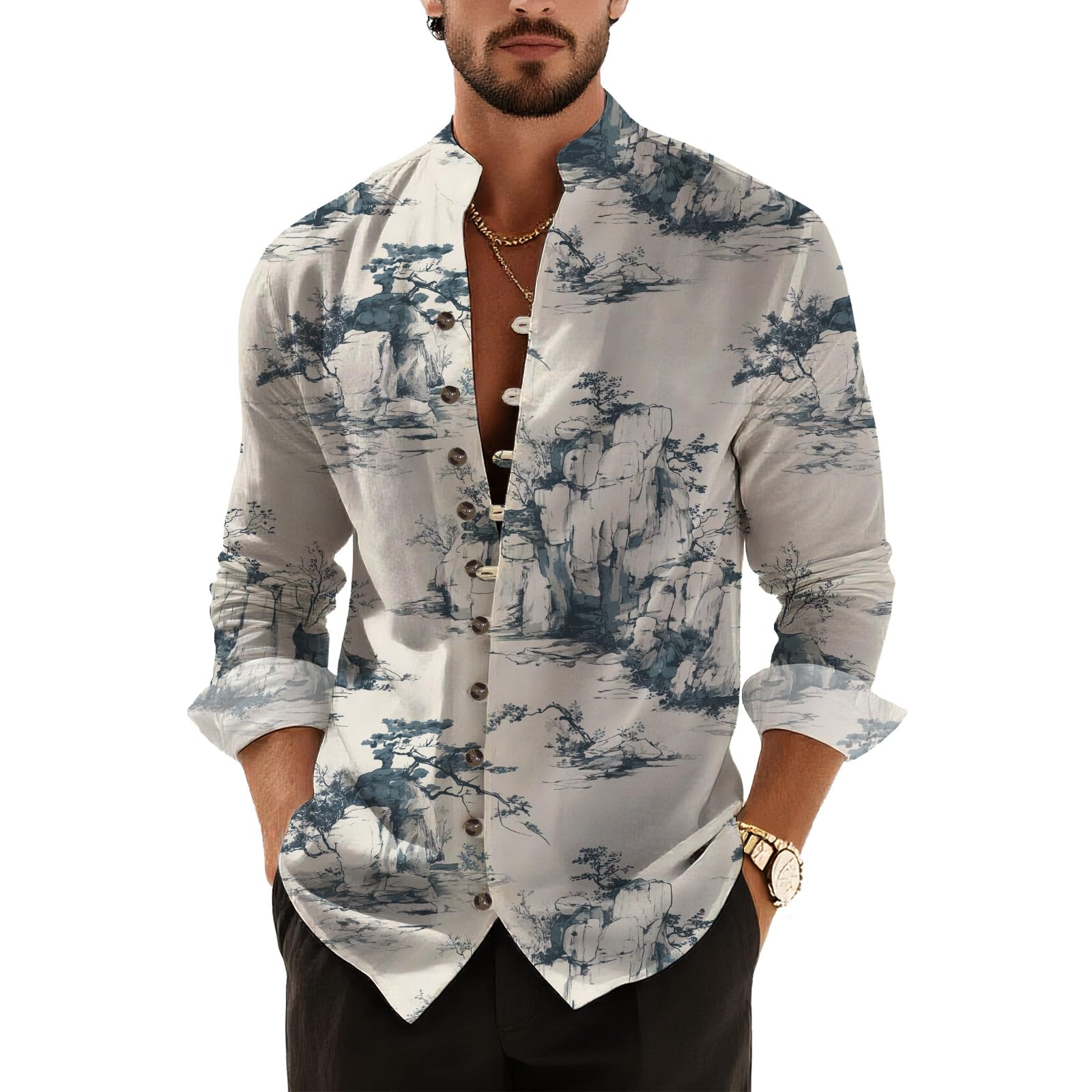 DMOYALA Men’s Hawaiian Button Down Shirts 2025 Fall Casual Long Sleeve Shirts Baggy Henley Neck Beach Vacation Outfits