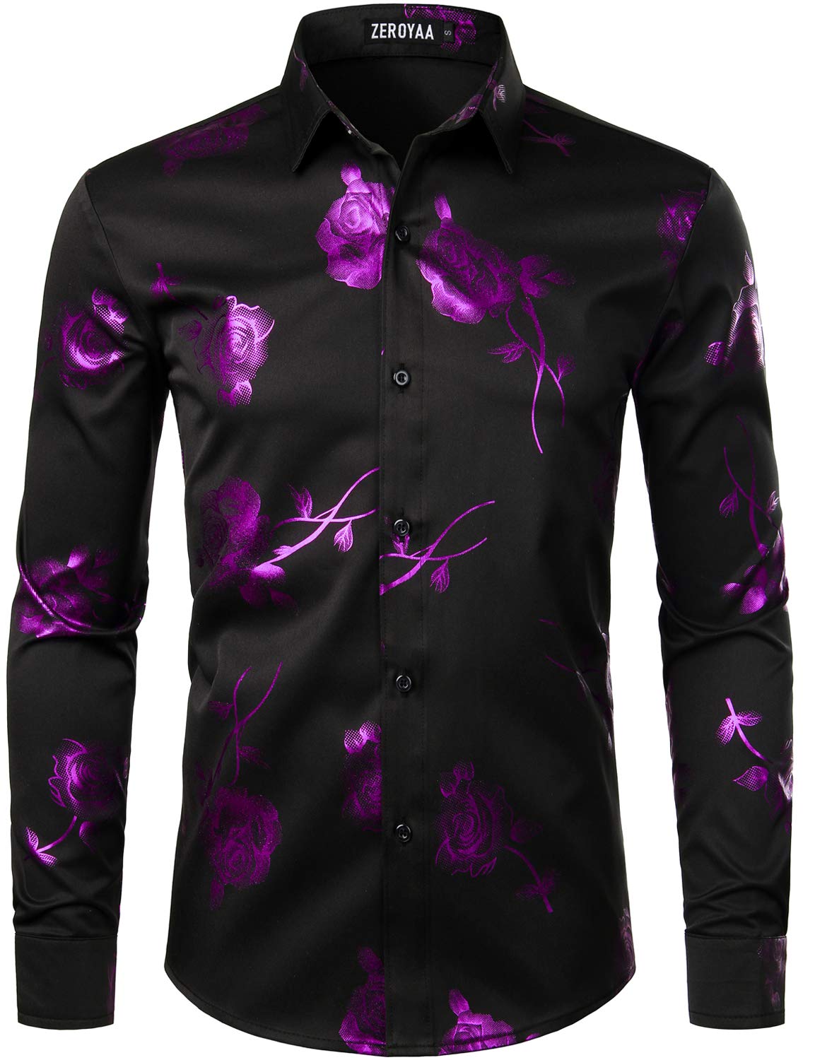 ZEROYAA Mens Hipster 3D Golden Rose Floral Printed Slim Fit Long Sleeve Button Down Dress Shirts