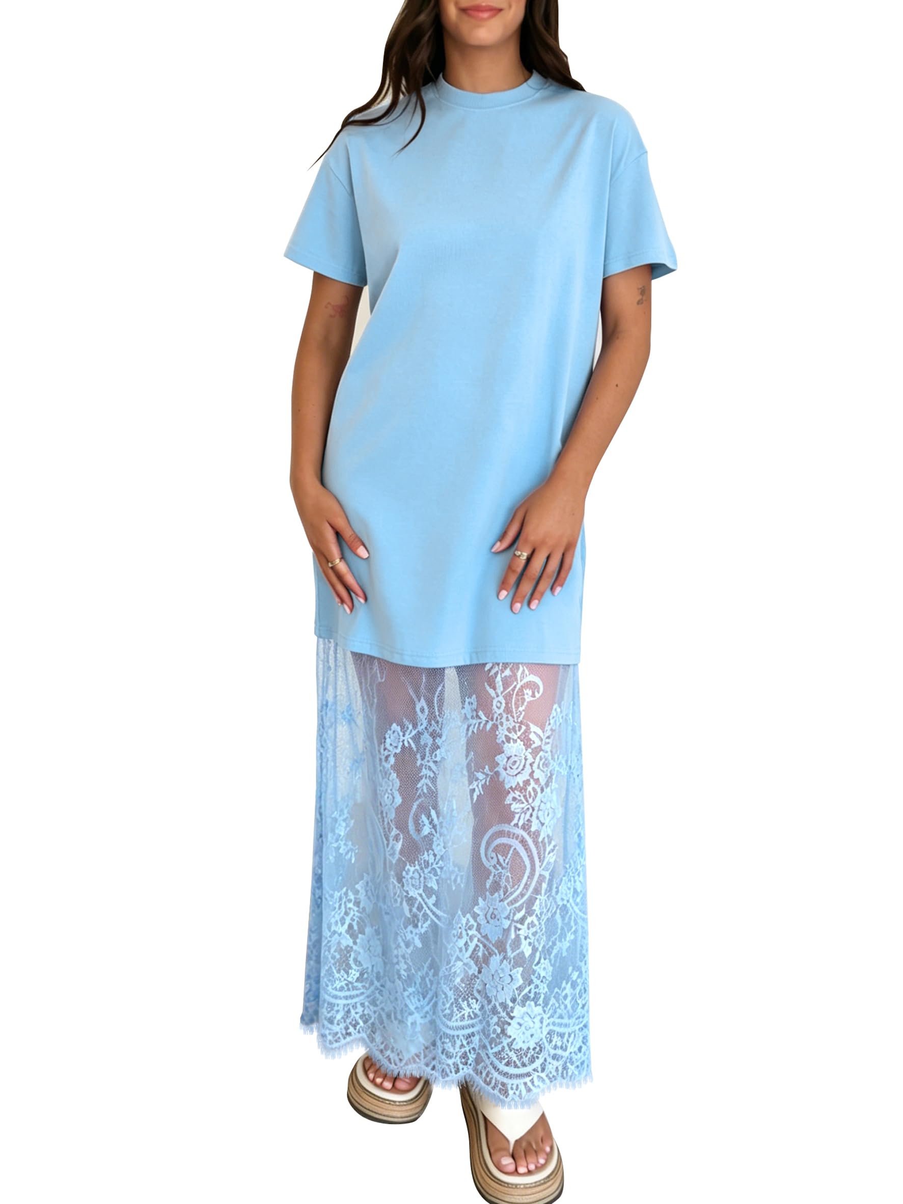 miduo Womens Summer Short Sleeve Crewneck Lace Patchwork Maxi Dress Casual Long Dresses