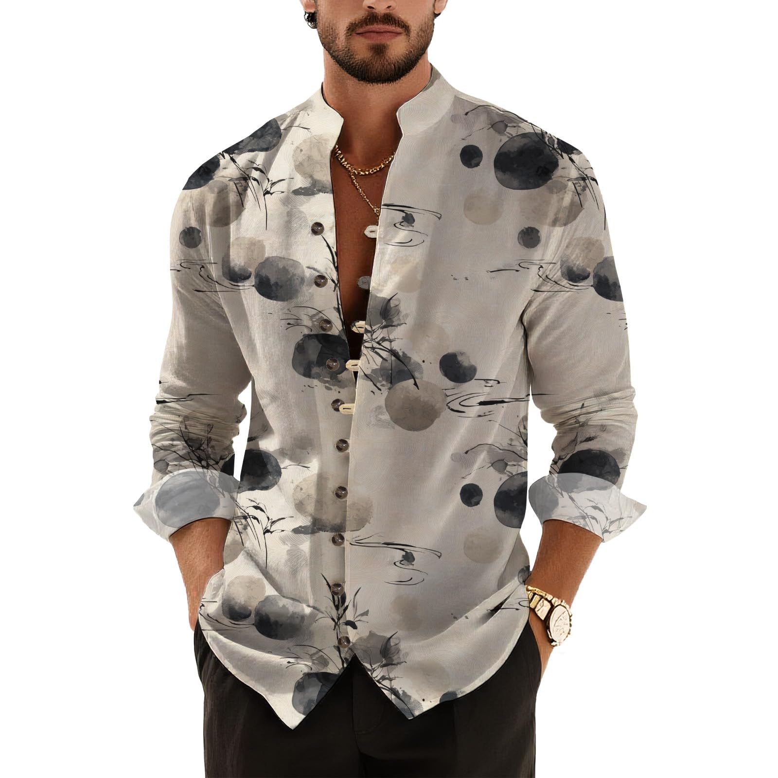 DMOYALA Men’s Hawaiian Button Down Shirts 2025 Fall Casual Long Sleeve Shirts Baggy Henley Neck Beach Vacation Outfits