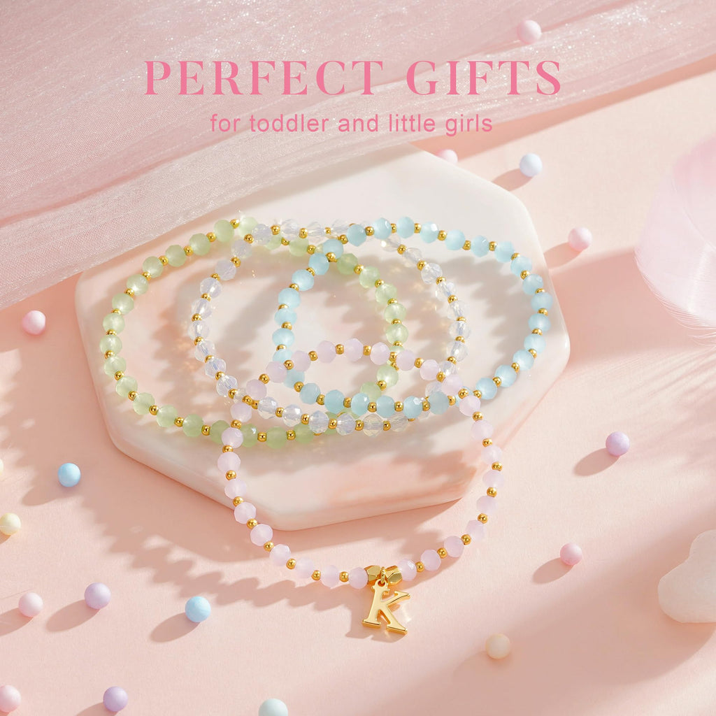 IEFWELL Initial Bracelets for Women Girls - 4Pcs Crystal Bracelets Set Pink/Blue/White/Green Crystals Beaded Bracelet Stretch Bracelet Kid Jewelry Birthday Gifts for Teen Girls Kids Toddler