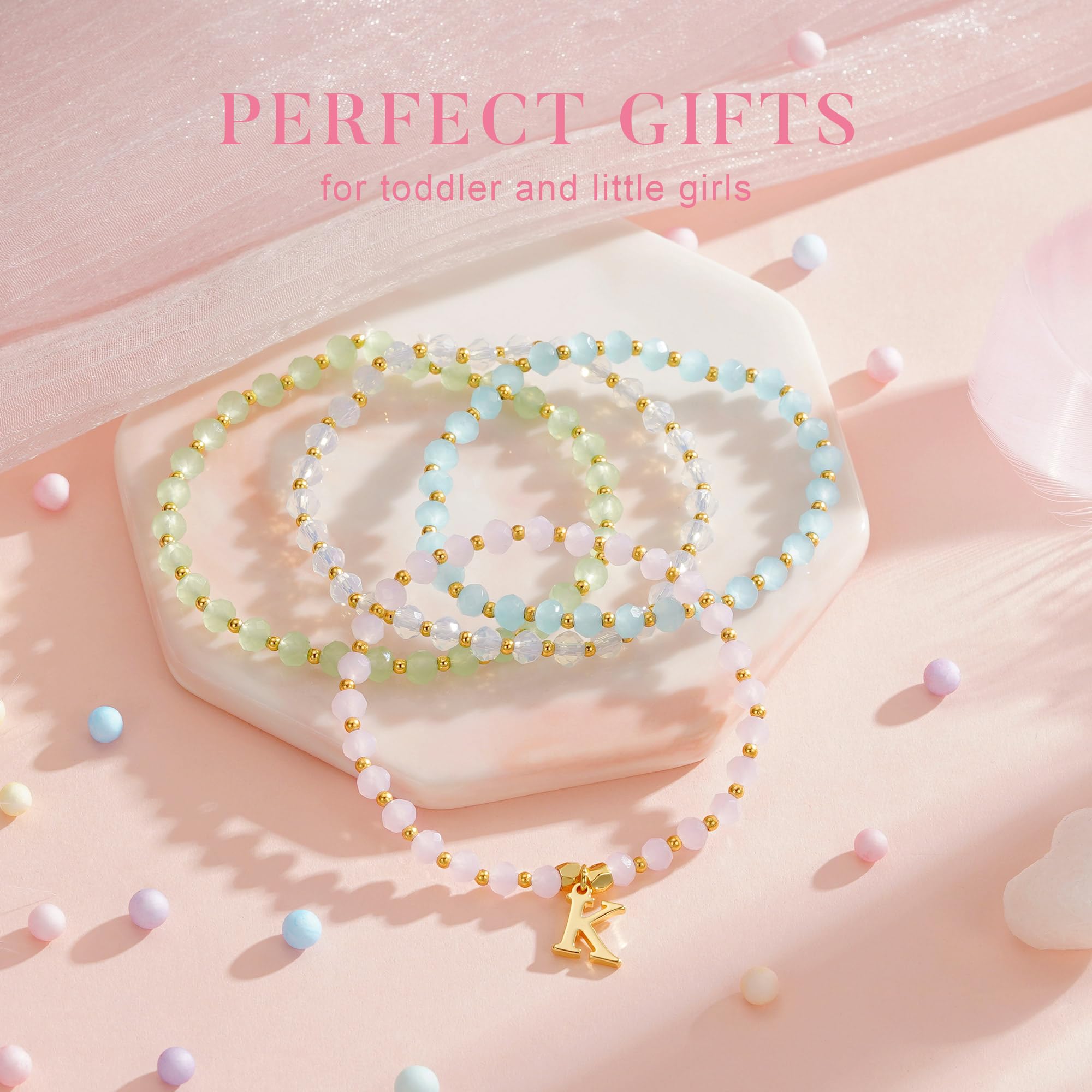 IEFWELL Initial Bracelets for Women Girls - 4Pcs Crystal Bracelets Set Pink/Blue/White/Green Crystals Beaded Bracelet Stretch Bracelet Kid Jewelry Birthday Gifts for Teen Girls Kids Toddler