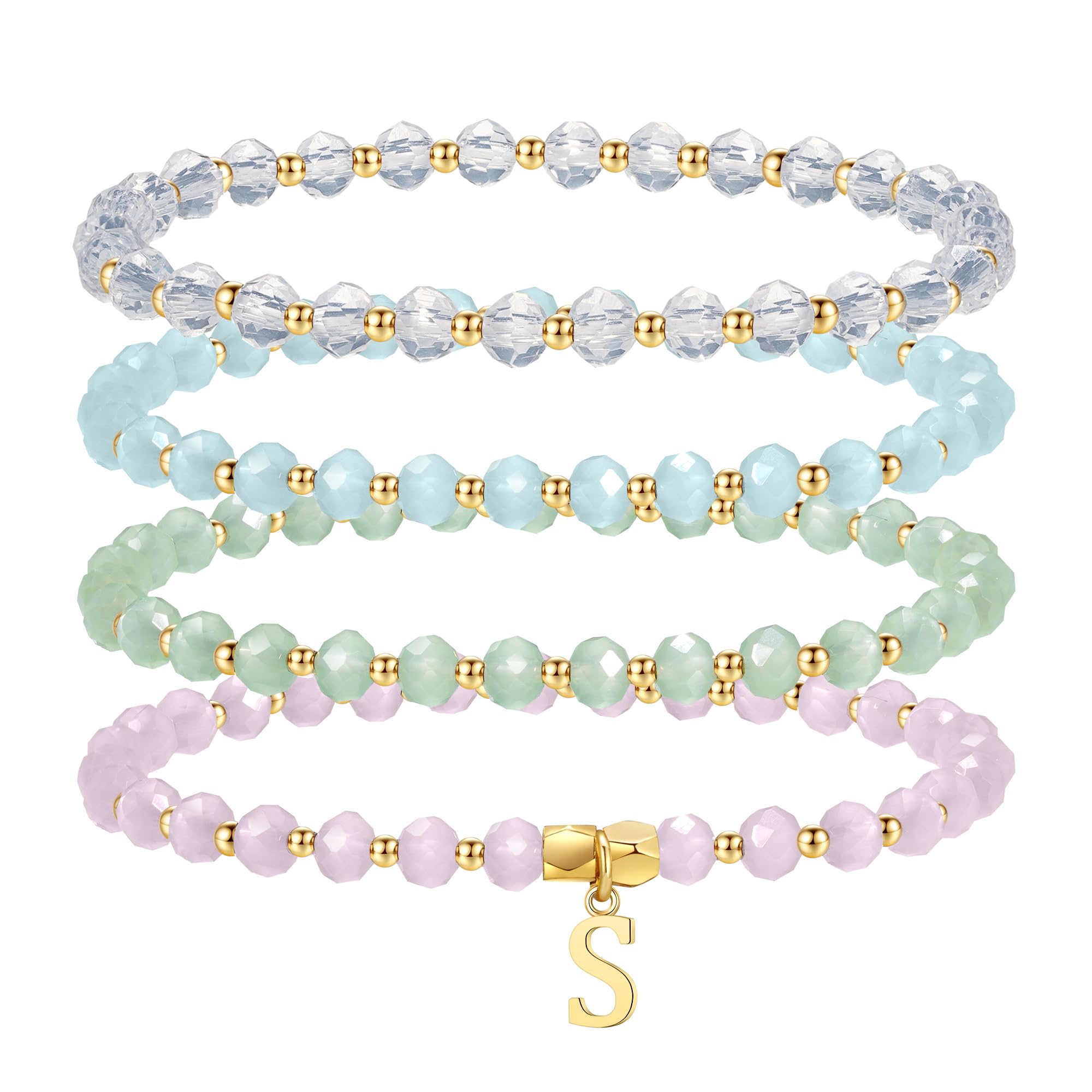 IEFWELL Initial Bracelets for Women Girls - 4Pcs Crystal Bracelets Set Pink/Blue/White/Green Crystals Beaded Bracelet Stretch Bracelet Kid Jewelry Birthday Gifts for Teen Girls Kids Toddler