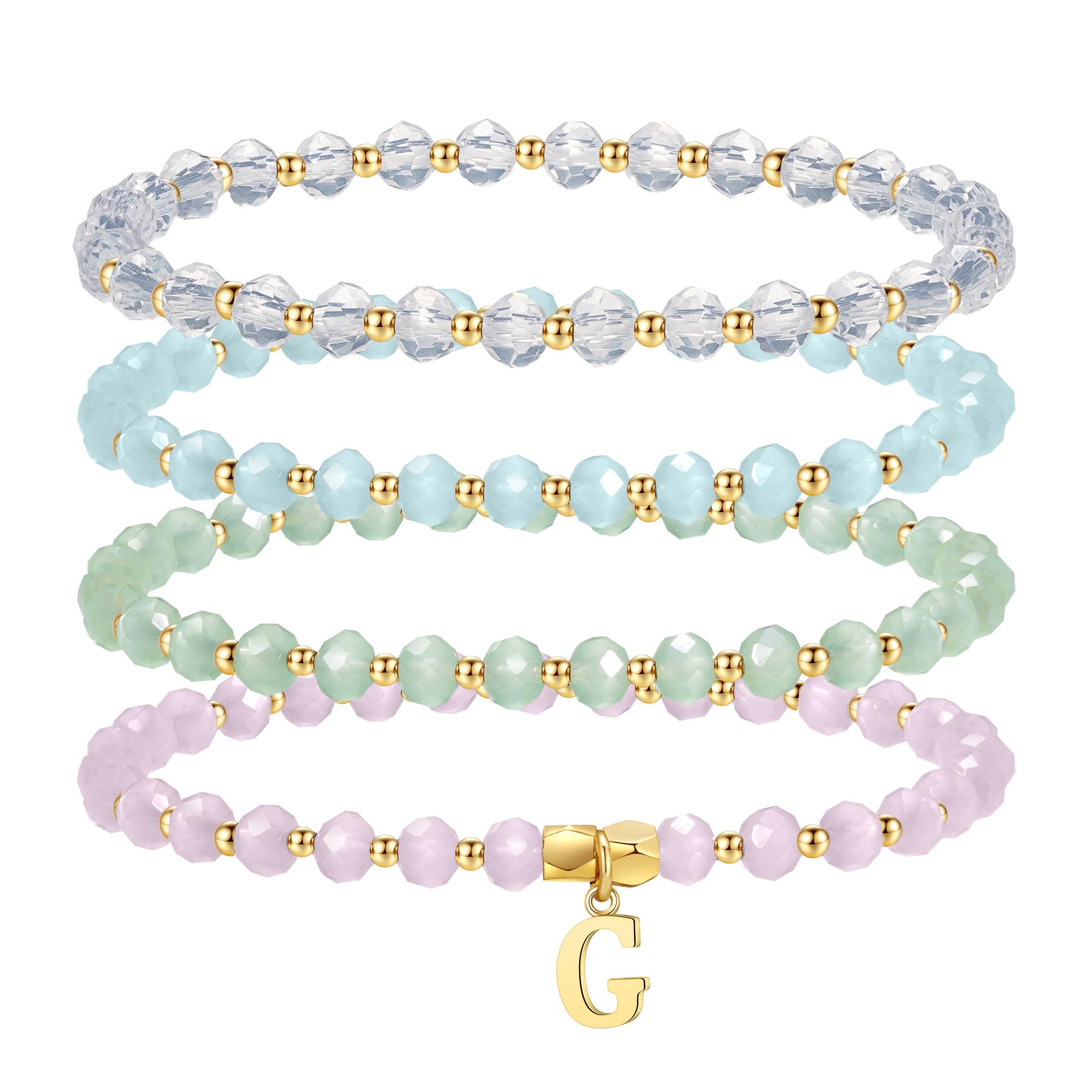 IEFWELL Initial Bracelets for Women Girls - 4Pcs Crystal Bracelets Set Pink/Blue/White/Green Crystals Beaded Bracelet Stretch Bracelet Kid Jewelry Birthday Gifts for Teen Girls Kids Toddler