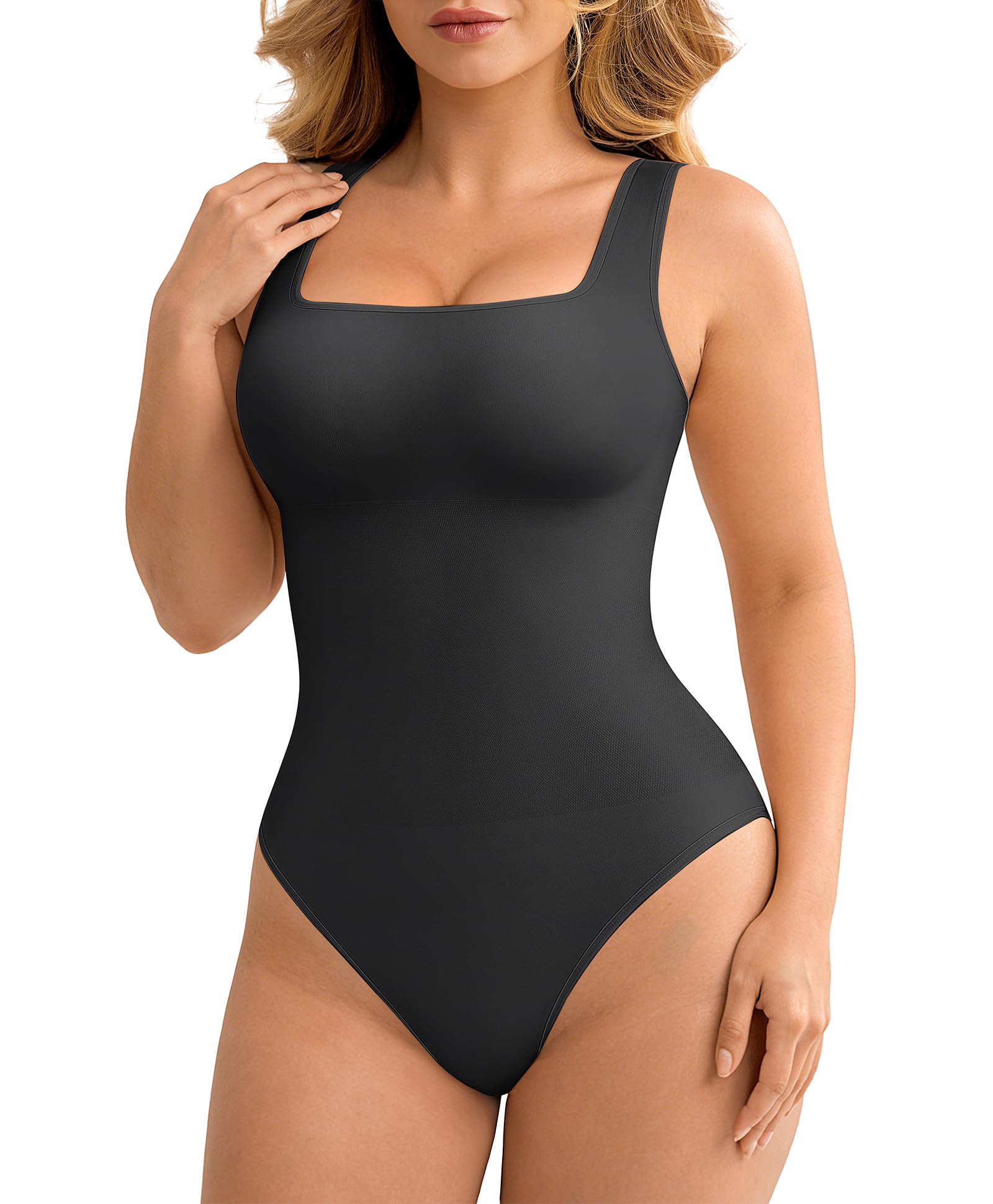 FeelinGirl Bodysuits for Women Seamless Square Neck Tummy Control Compression Thong Shapewear Bodysuit Tank Tops Bodysuit