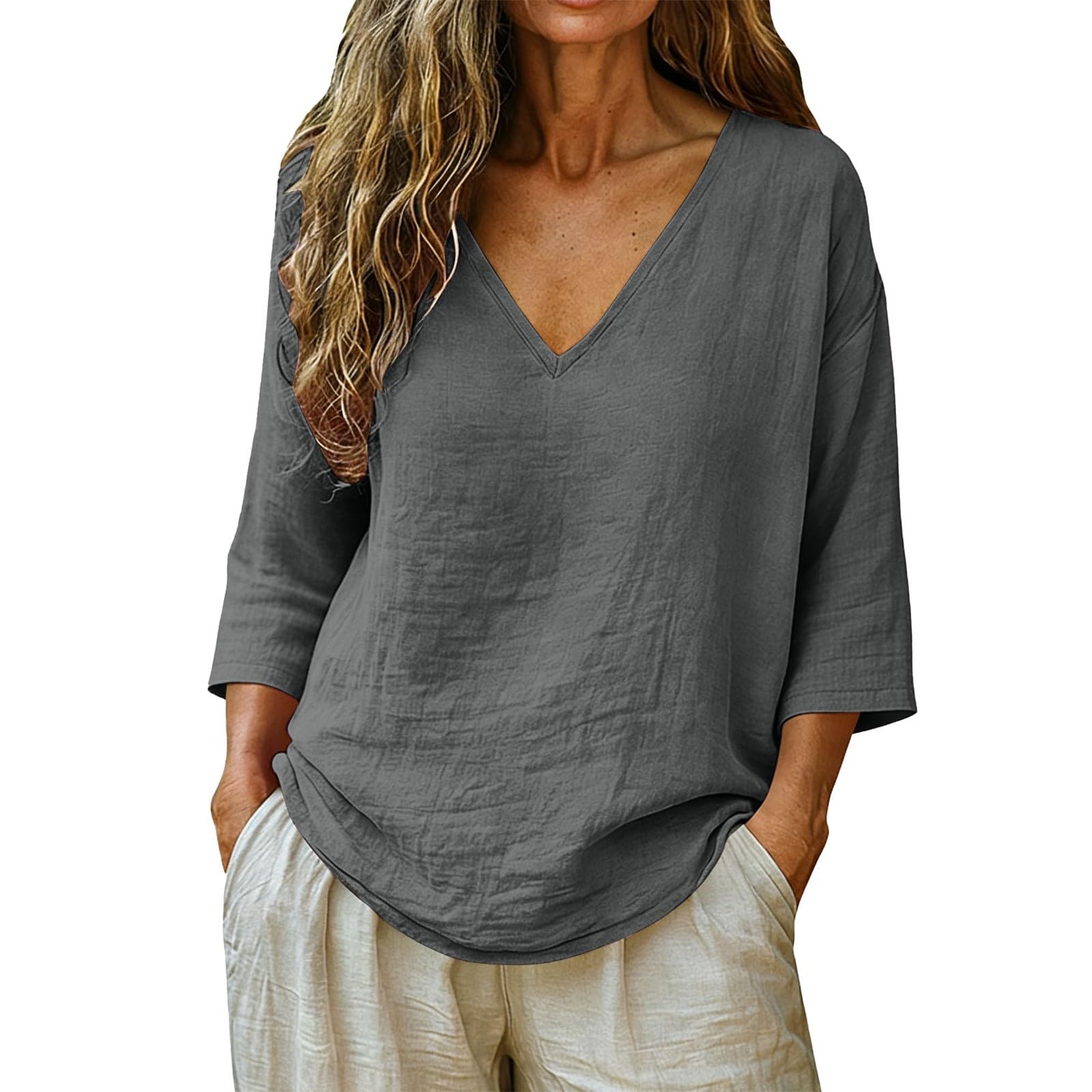 Linen Shirt Women 3/4 Sleeve Summer Casual V Neck Spring Tops Tunic Blouses Loose Fit Cotton Trendy Beach Vacation Clothes