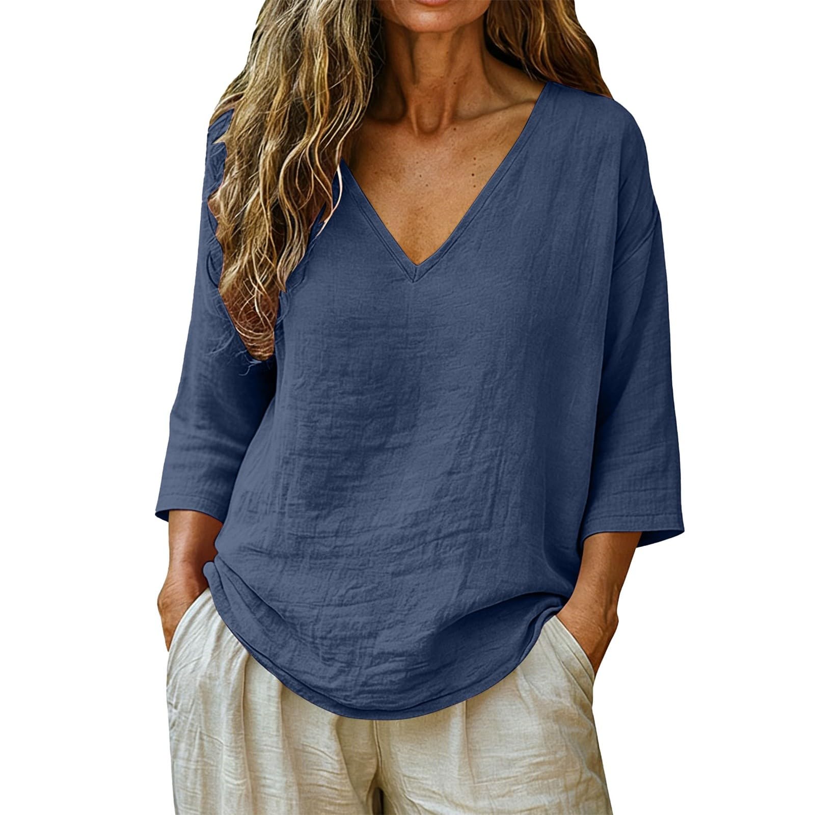 Linen Shirt Women 3/4 Sleeve Summer Casual V Neck Spring Tops Tunic Blouses Loose Fit Cotton Trendy Beach Vacation Clothes