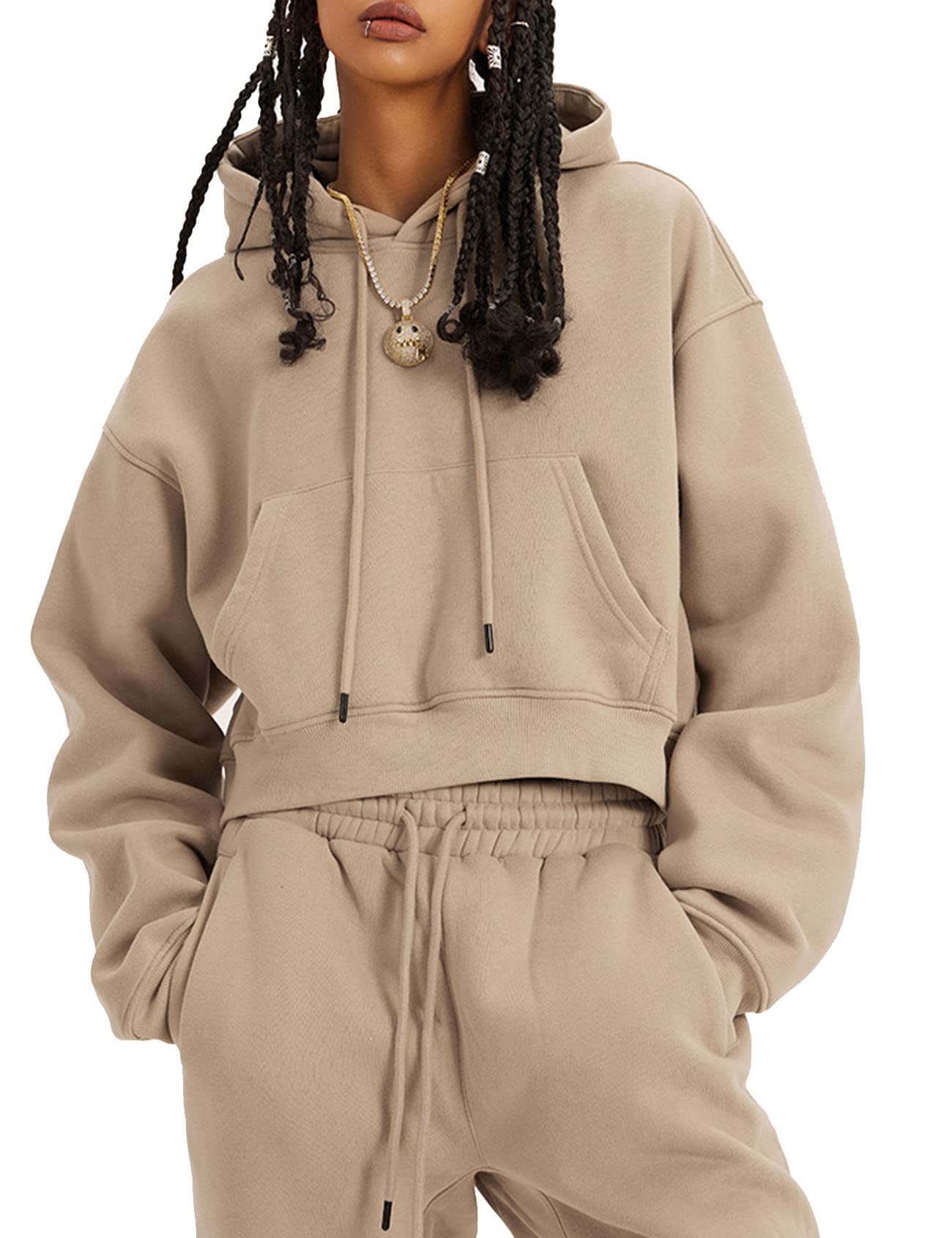 Flygo Womens Fleece 2 Piece Outfits Sweatsuit Crop Pullover Sweatshirt Joggers Pants Tracksuit Set