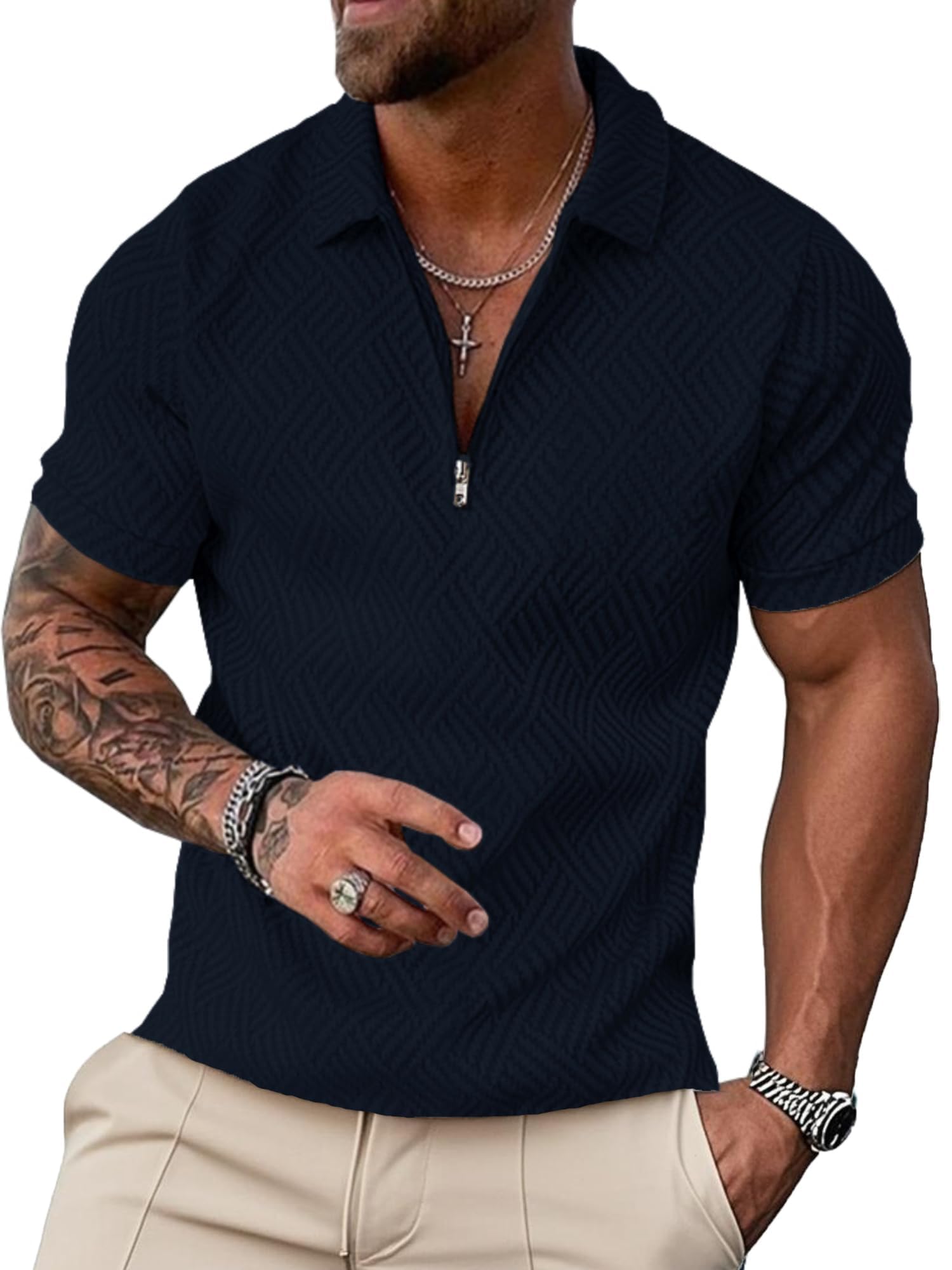 UOUA Men's Zipper Polo Shirts Short Sleeve Sweatshirts Soild Color Tops Striped Texture Casual Golf T