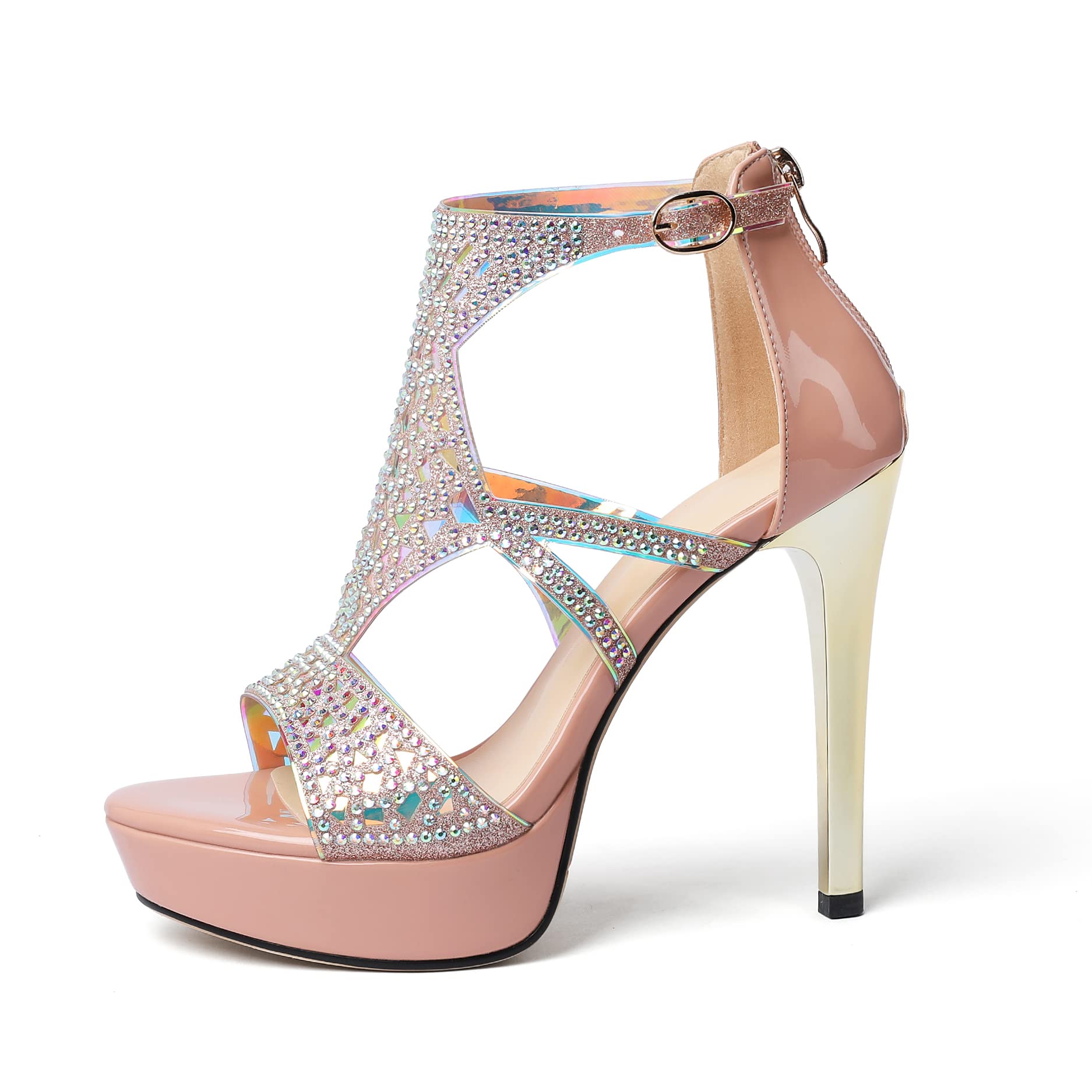 Eldof High Heeled Sandals for Women, Open Toe Strappy Platform Sandals, Cutout Gladiator Heels with Rinestones, Pumps Shoes for Dress Party Evening Summer