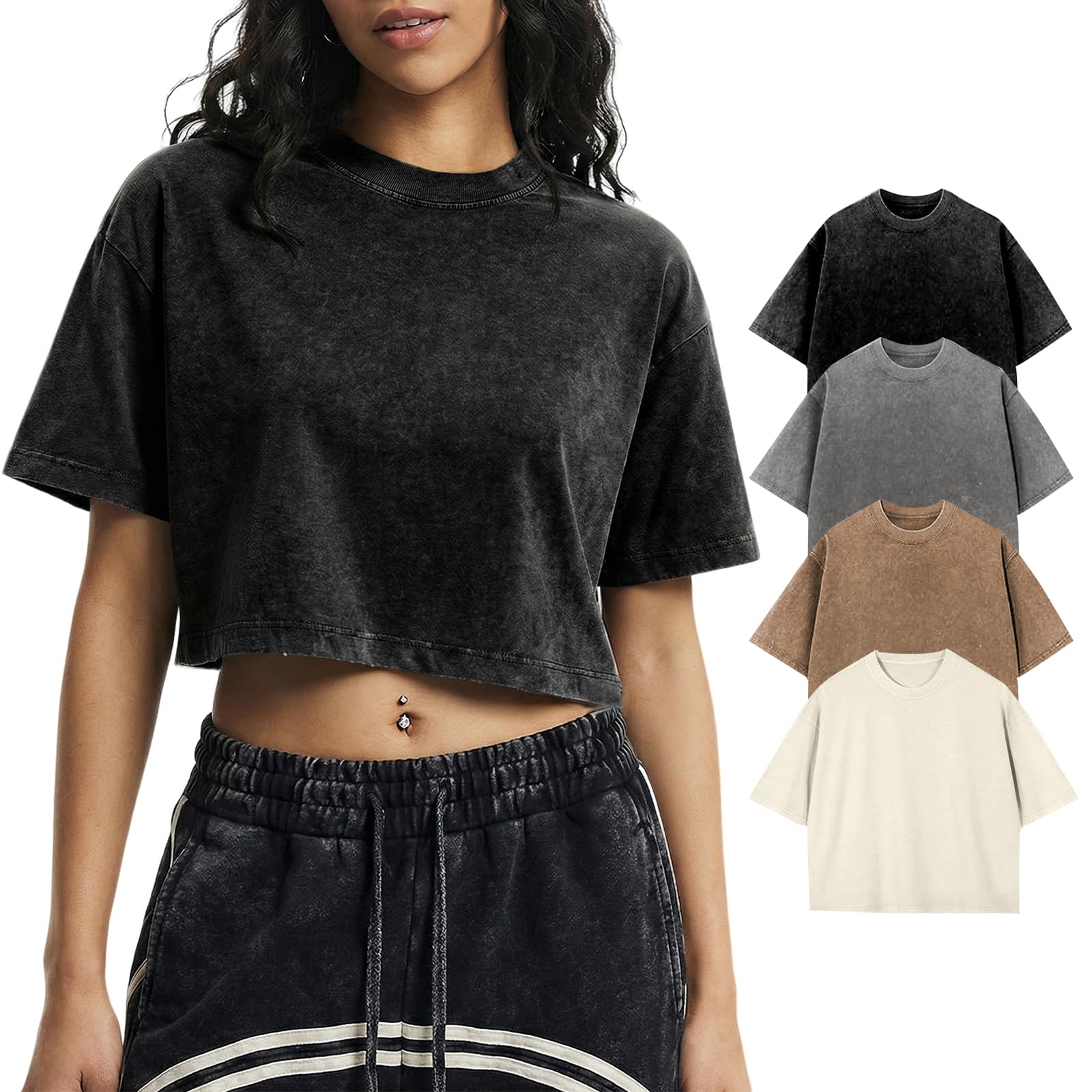 Gihuo Cropped T Shirts for Women Vintage Tees Acid Wash Crop T-Shirts Oversized Cotton Tshirt
