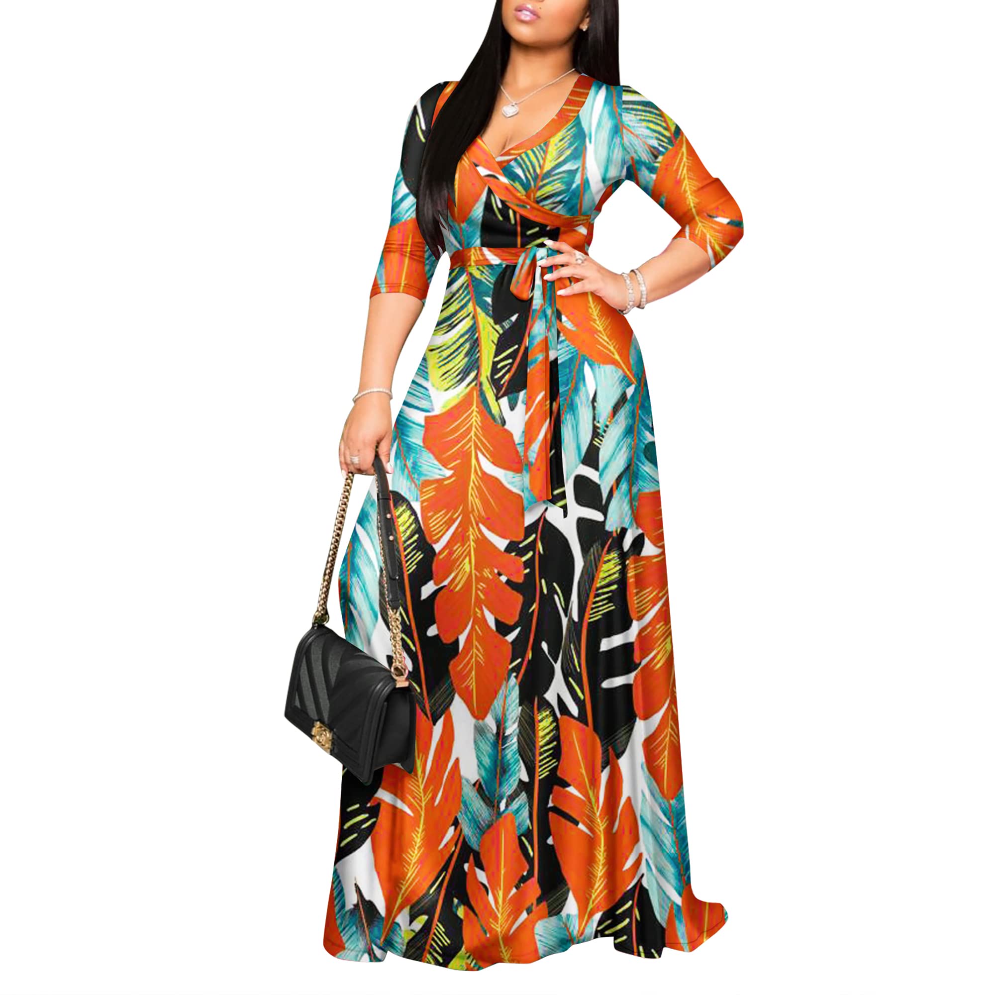 FANDEE Plus Size Maxi Dress for Women Casual Summer Sundress V-Neck 3/4 Sleeve