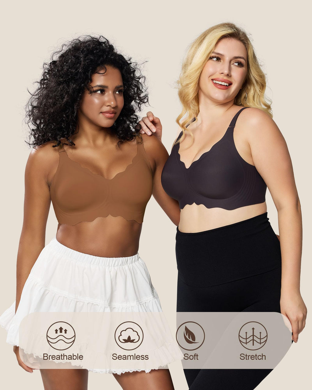 HORISUN Wireless Seamless Bras for Women No Underwire Wavy V Neck Soft Support Full Coverage Comfortable Bra
