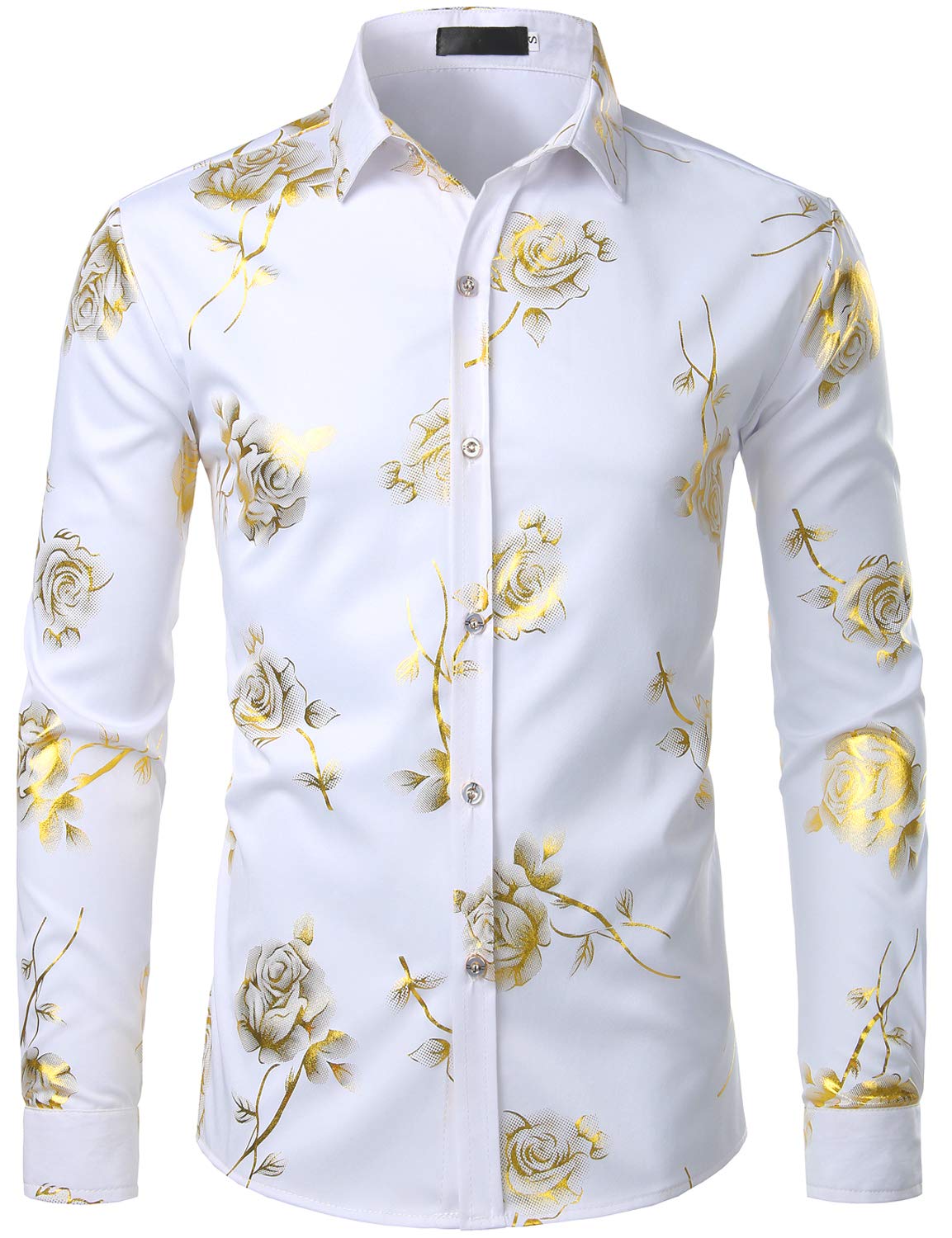 ZEROYAA Mens Hipster 3D Golden Rose Floral Printed Slim Fit Long Sleeve Button Down Dress Shirts