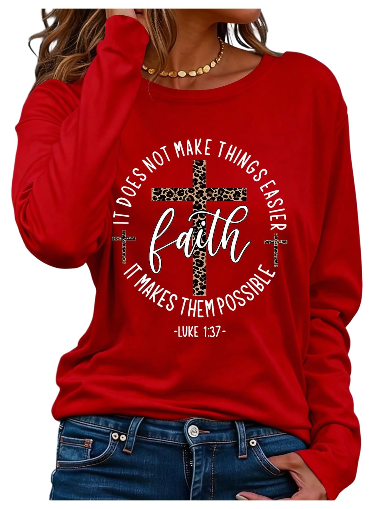 SweatyRocks Women's Plus Size Graphic Long Sleeve T Shirts Casual Crew Neck Faith Printed Tees