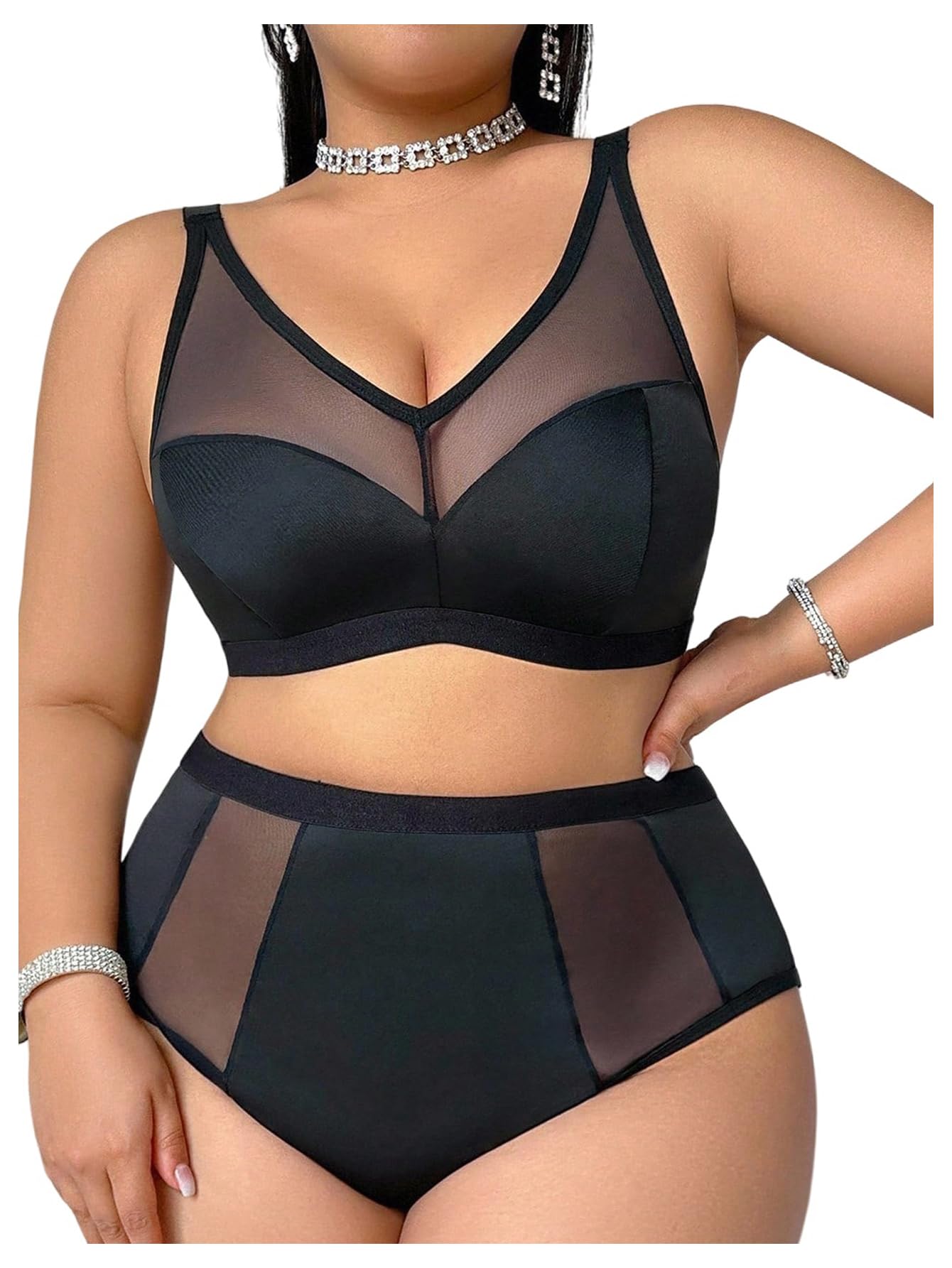 OYOANGLE Women Plus Size 2 Piece Lingerie Sexy Mesh Bralette and High Waist Panty Set Underwear