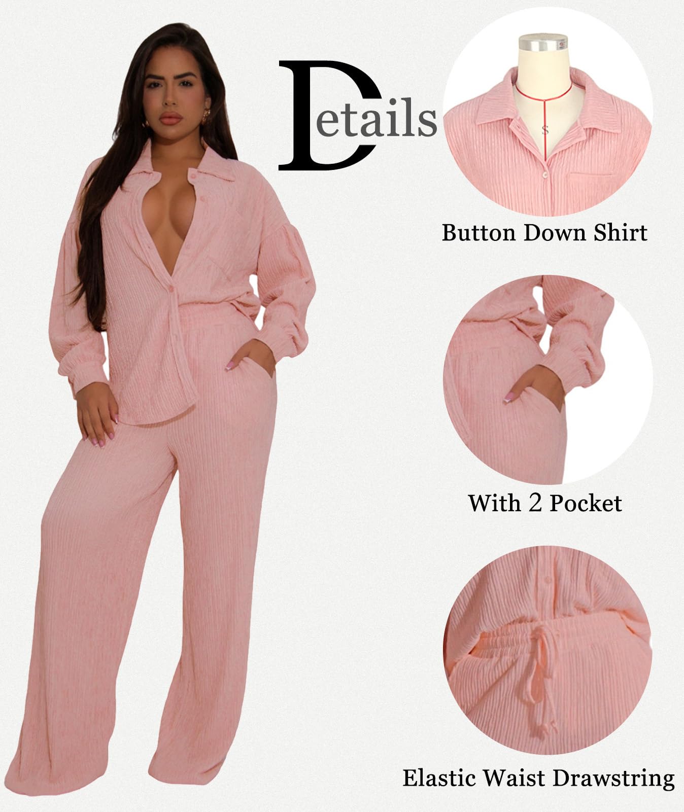 Ophestin Women 2 Piece Dressy Outfits Casual Pleated Long Sleeve Button Down Shirt Wide Leg Pants Loungewear Matching Sets