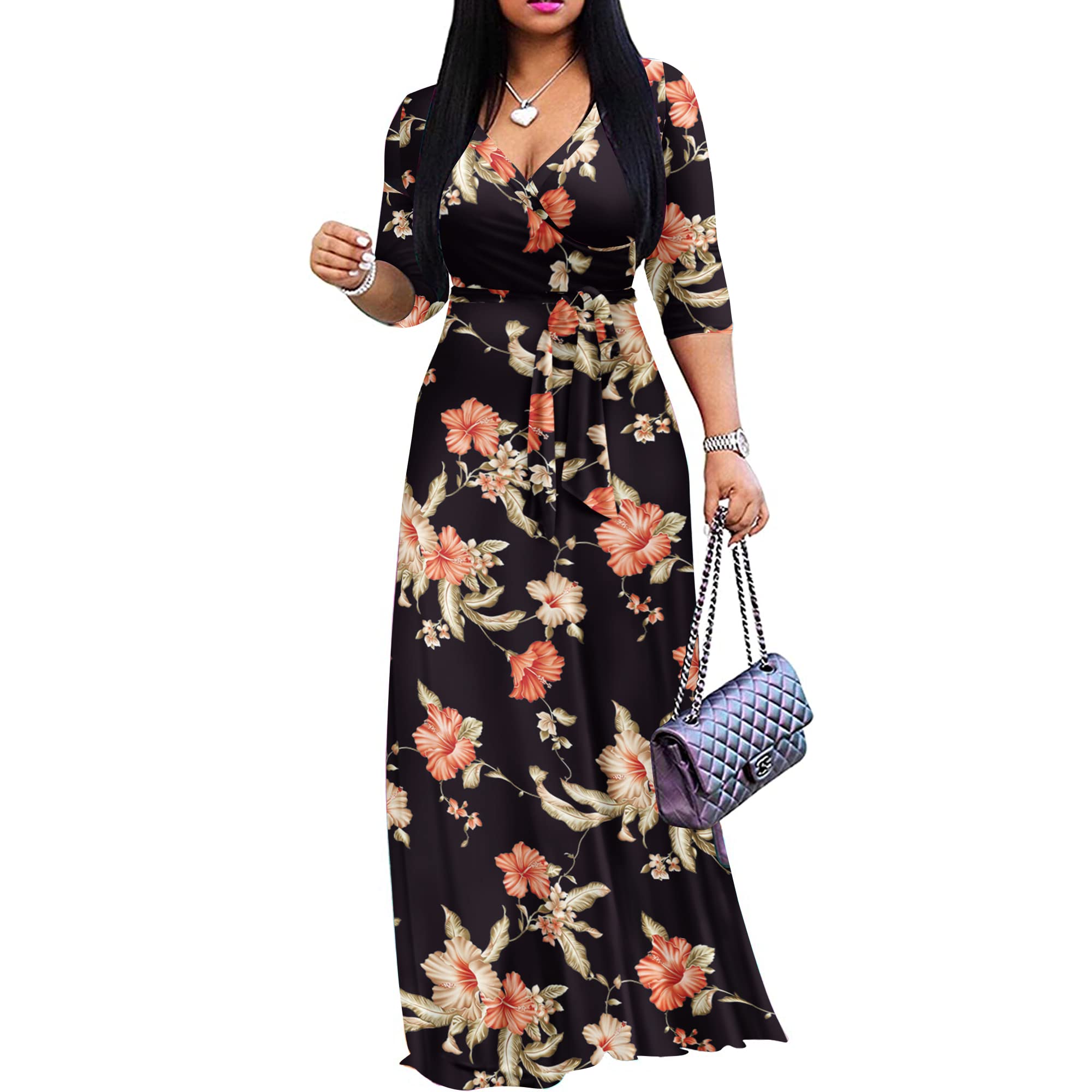 FANDEE Plus Size Maxi Dress for Women Casual Summer Sundress V-Neck 3/4 Sleeve