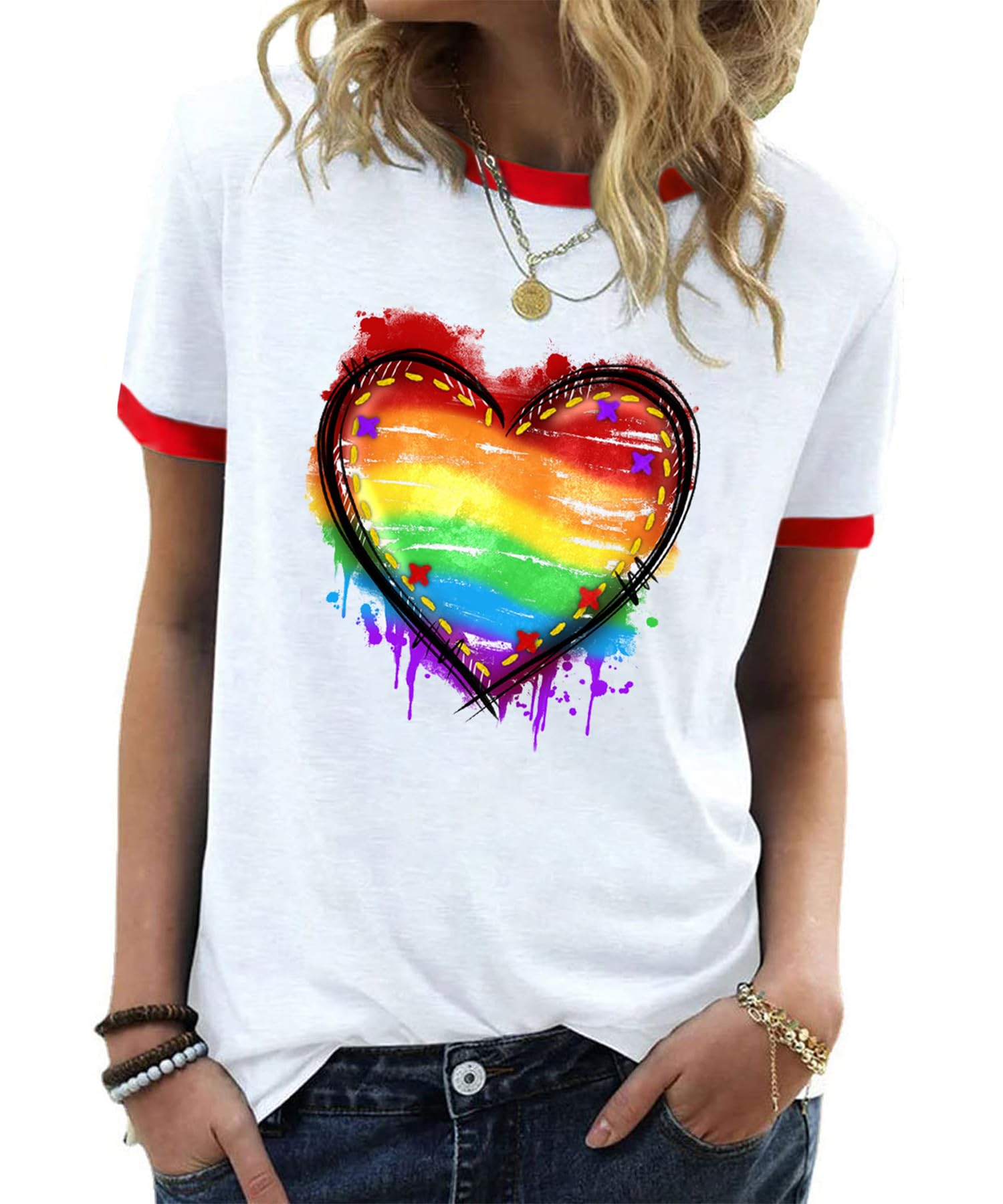 YZMI Pride Shirts for Women Pride Month Rainbow Graphic T-Shirt LGBTQ Support Red Ringer Tee