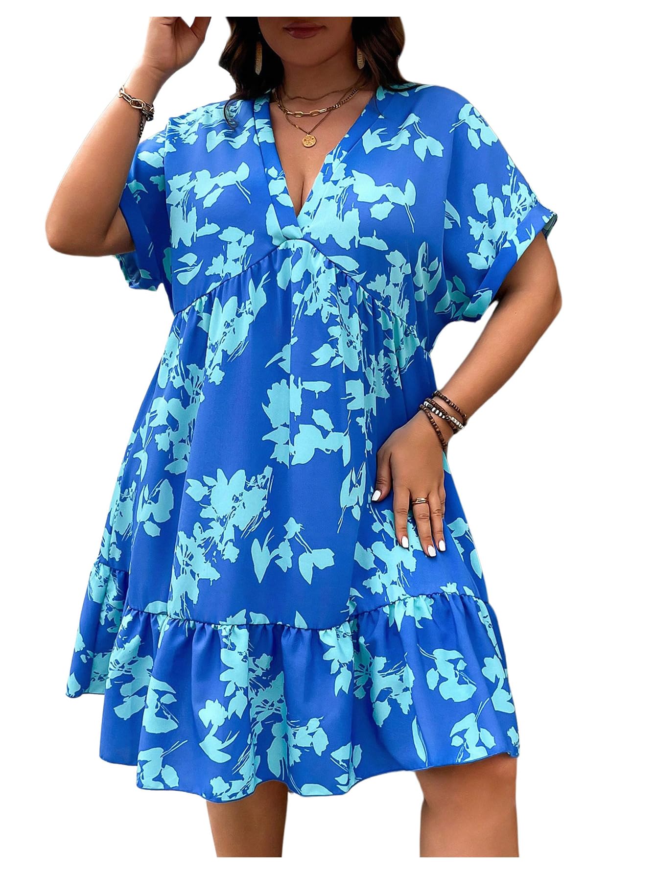 Floerns Women's Plus Size Summer Vacation Wrap V Neck Short Sleeve Ruffle Hem A Line Hawaiian Short Dress