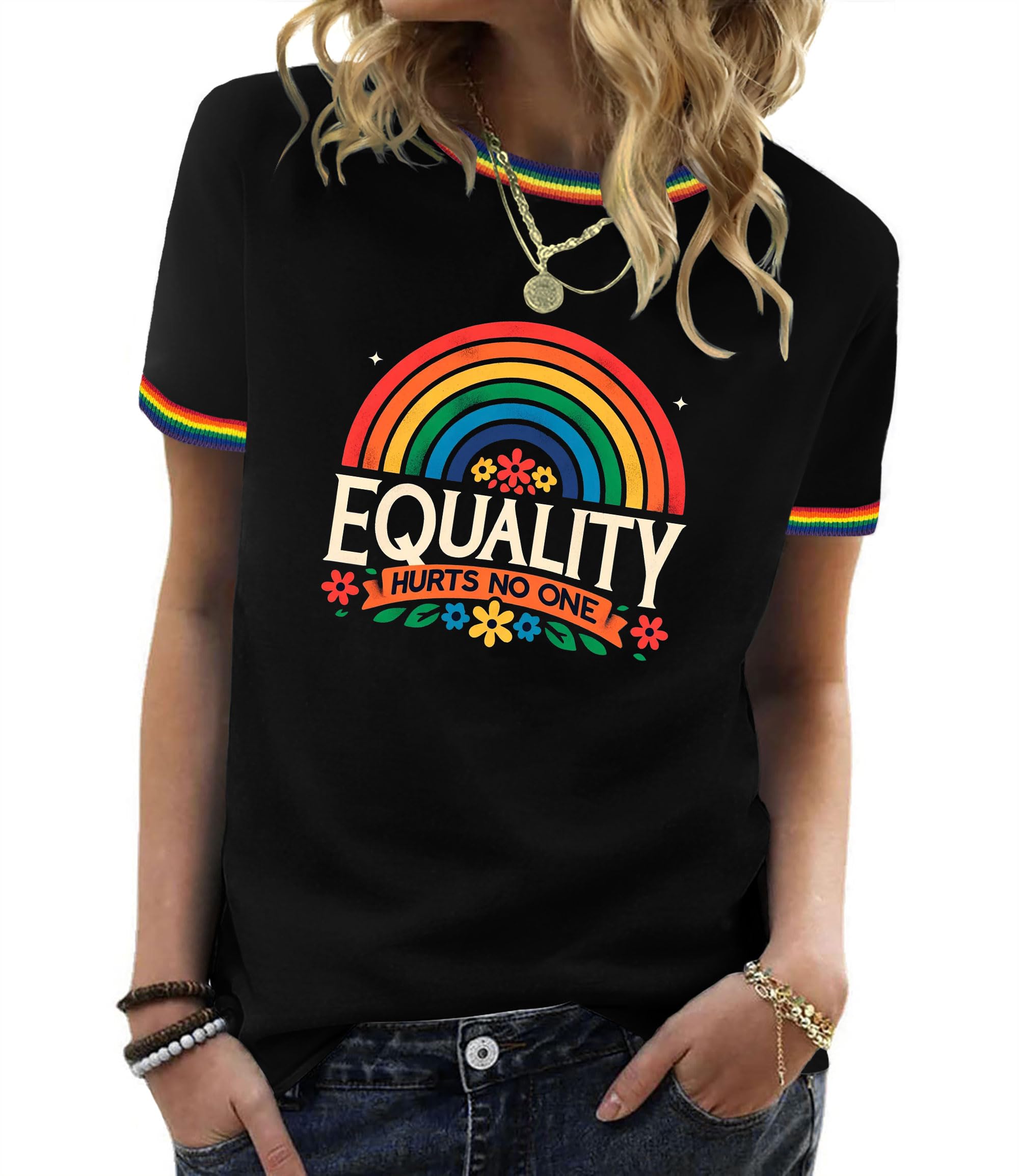 YZMI Pride Shirts for Women Pride Month Rainbow Graphic T-Shirt LGBTQ Support Red Ringer Tee