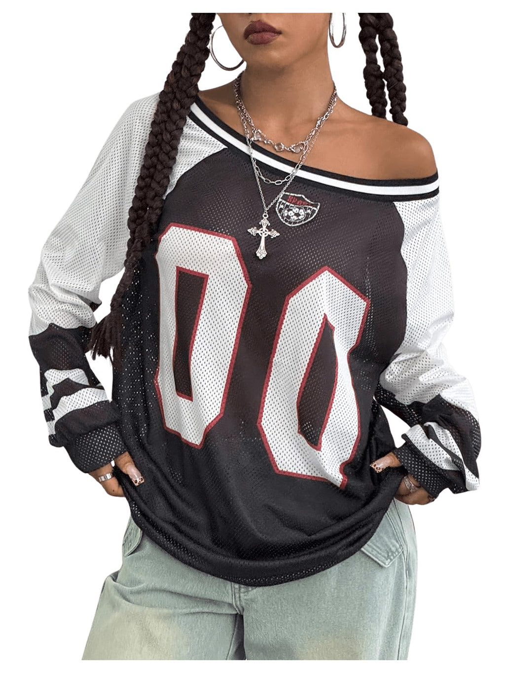 BEAUDRM Women's Y2k Mesh Jersey Shirts Sheer Graphic Tees Oversized Off The Shoulder Long Sleeve Tops Streetwear