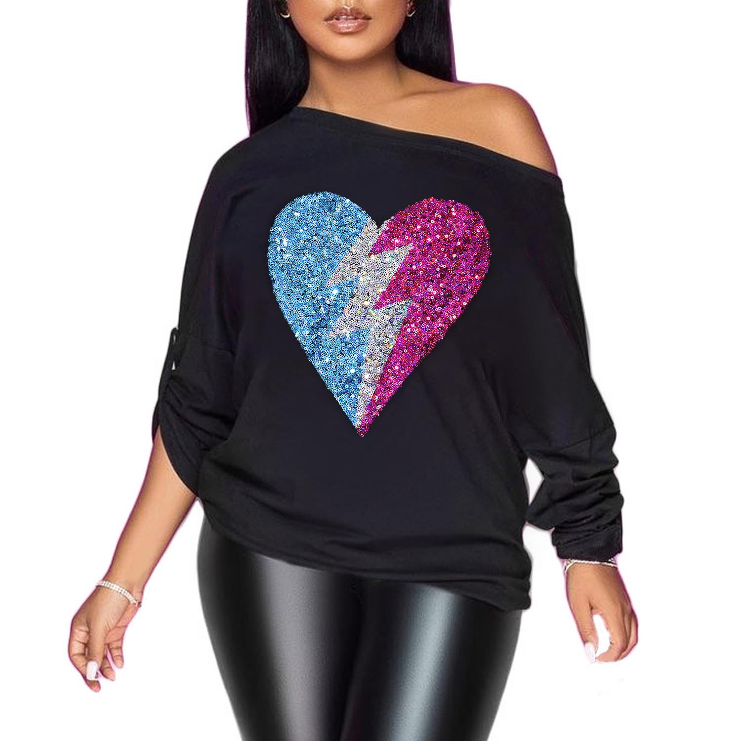 PESION Womens Off The Shoulder Tops Sexy Shiny Metallic Shirts Long Sleeves Fashion Graphic T-Shirts Blouses