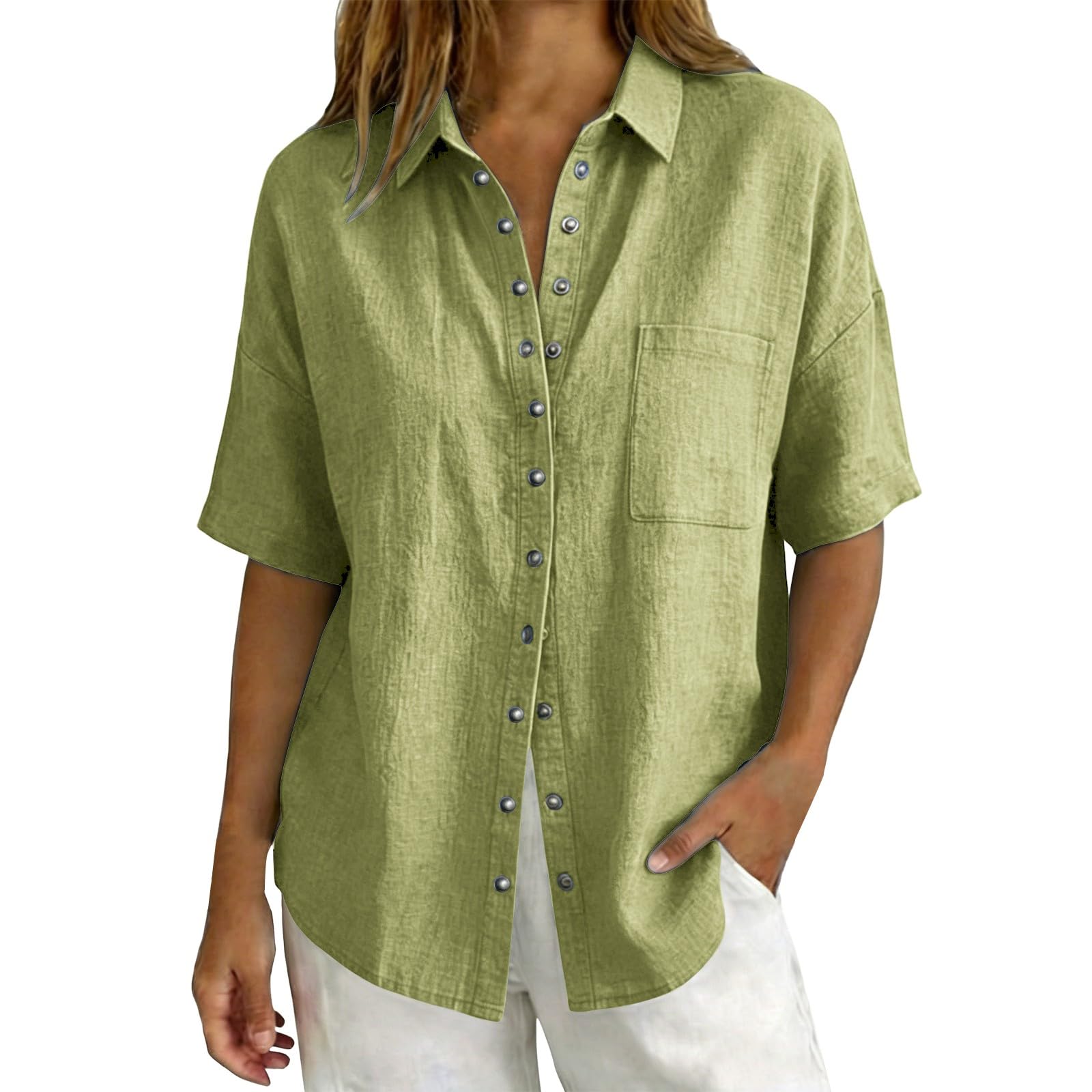 Linen Tops for Women Breathable Gauze Shirts Cotton Button Down Summer Elbow Length Blouses Dressy Casual Clothes