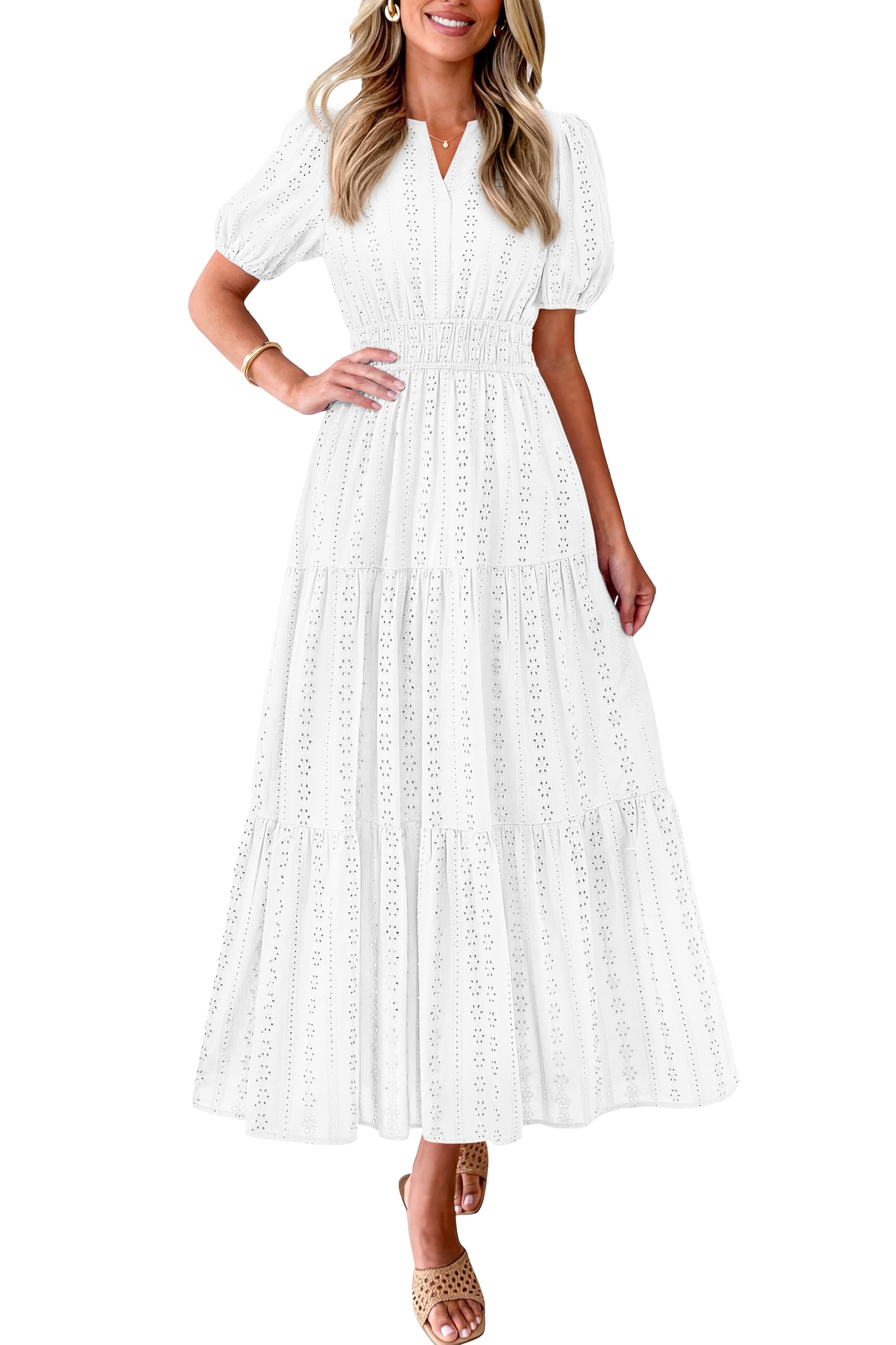 PRETTYGARDEN Womens Summer Maxi Dresses 2026 Casual Puff Sleeve V Neck Smocked Flowy Eyelet Cotton Dress Spring Sundress