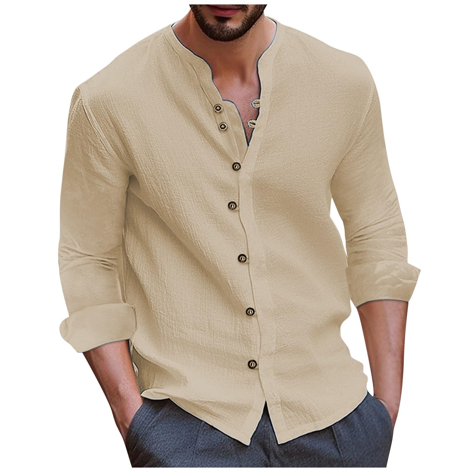 Long Sleeve Shirt Men Vintage Lightweight Plus Size Button Down Blouses Casual Workout Loose V-Neck Cotton Linen Tops