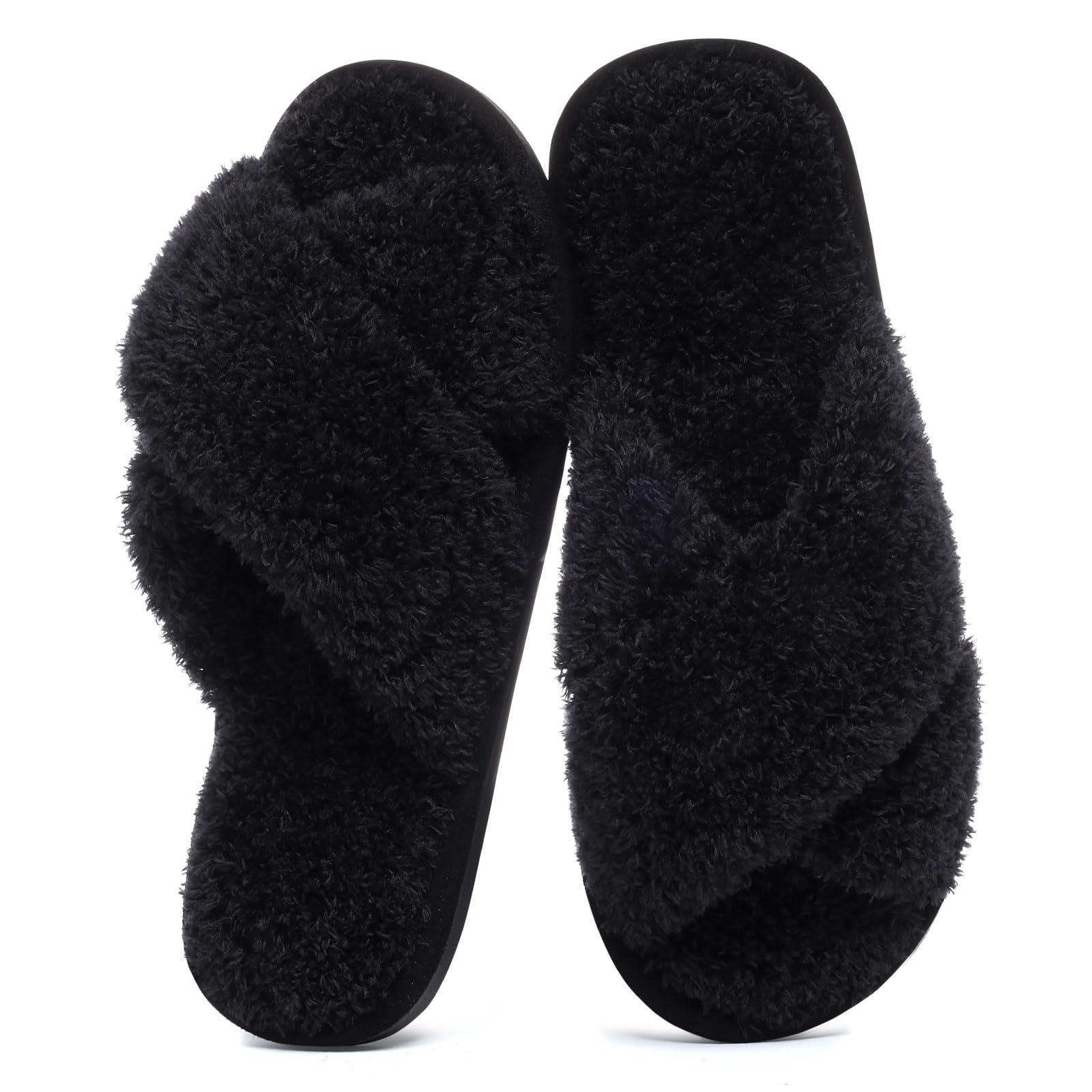 Evshine Women's Fuzzy Slippers Cross Band Memory Foam House Slippers Open Toe