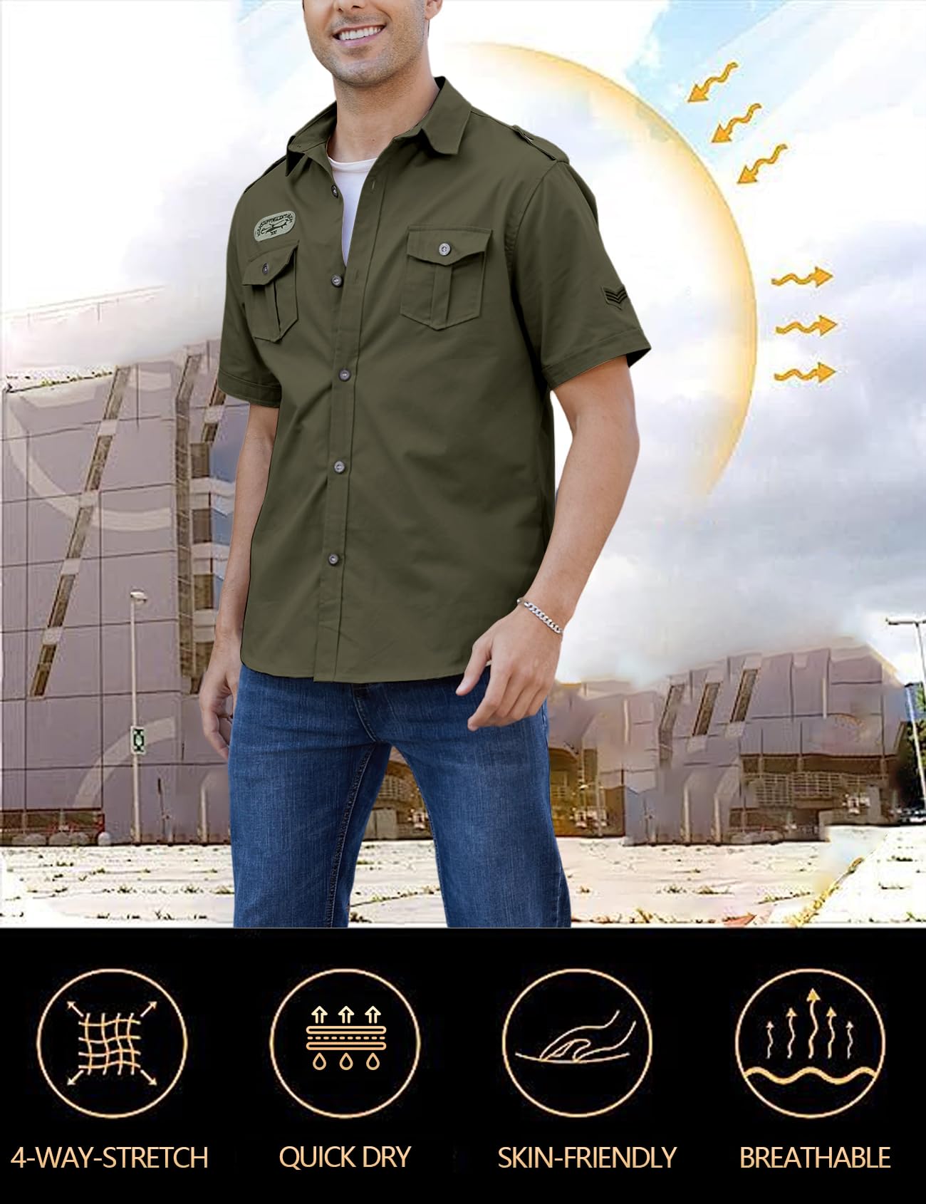 Gihuo Men's Military Tactical Shirt Short Sleeve Cargo Work Outdoor Hiking Camping Hunting Fishing