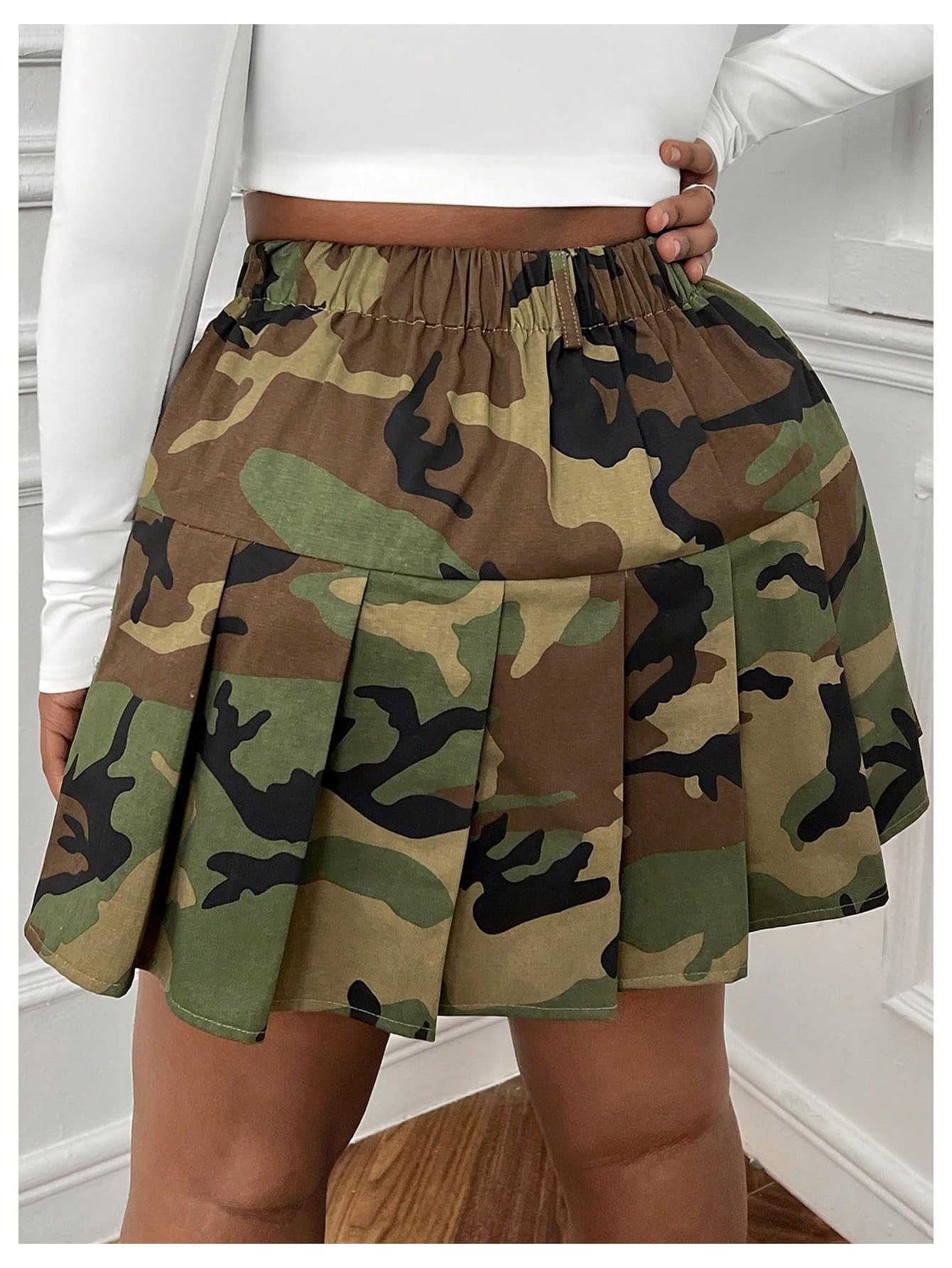 SOLY HUX Women's Plus Size Skirt Camo Print High Waisted Pleated A Line Fall Fashion Short Skirts