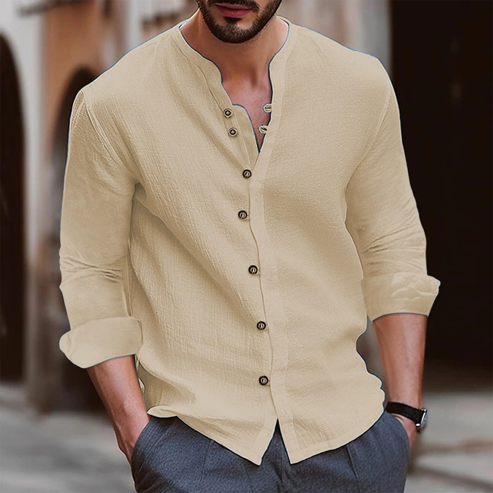 Long Sleeve Shirt Men Vintage Lightweight Plus Size Button Down Blouses Casual Workout Loose V-Neck Cotton Linen Tops