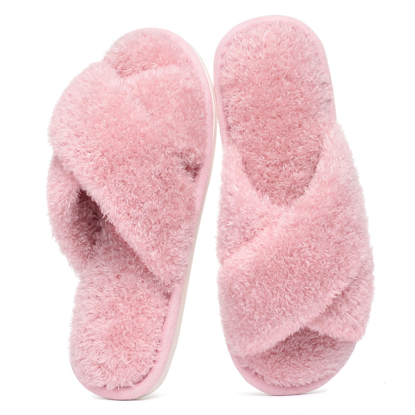 Evshine Women's Fuzzy Slippers Cross Band Memory Foam House Slippers Open Toe