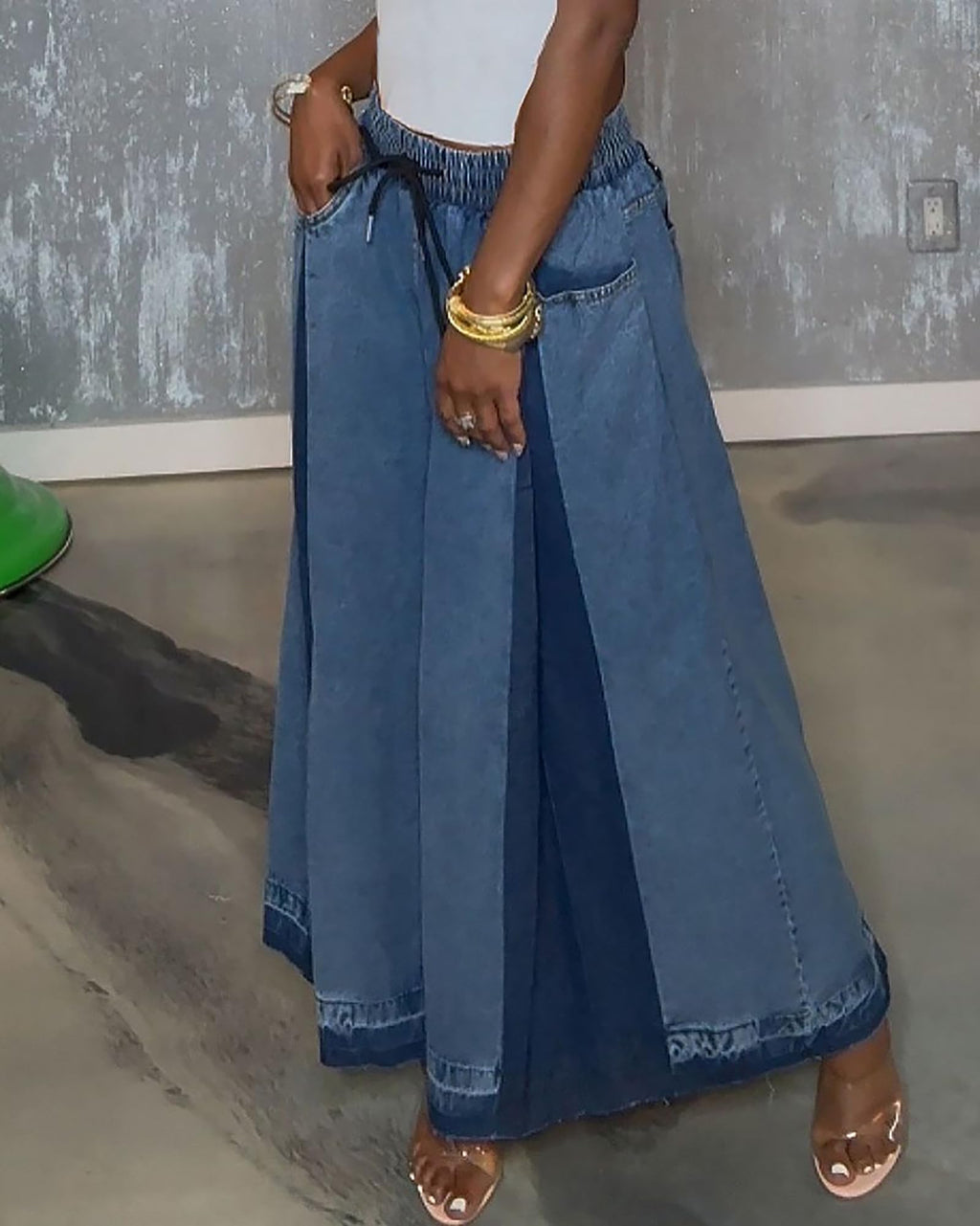Women's Vintage Drawstring Wide Leg Jeans Elastic Waist Patchwork Loose Raw Hem Denim Pants