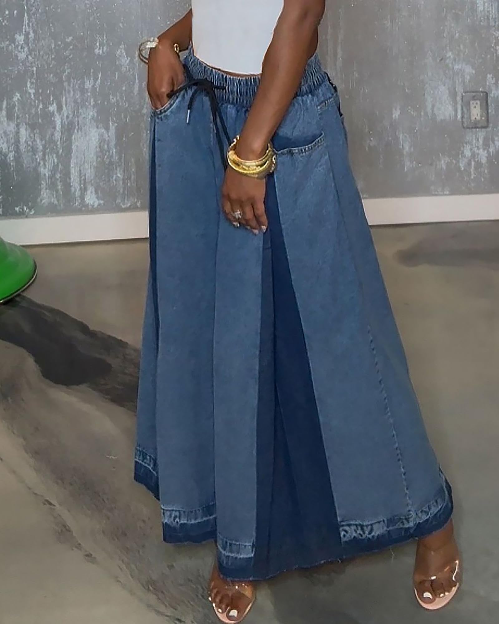 Women's Vintage Drawstring Wide Leg Jeans Elastic Waist Patchwork Loose Raw Hem Denim Pants