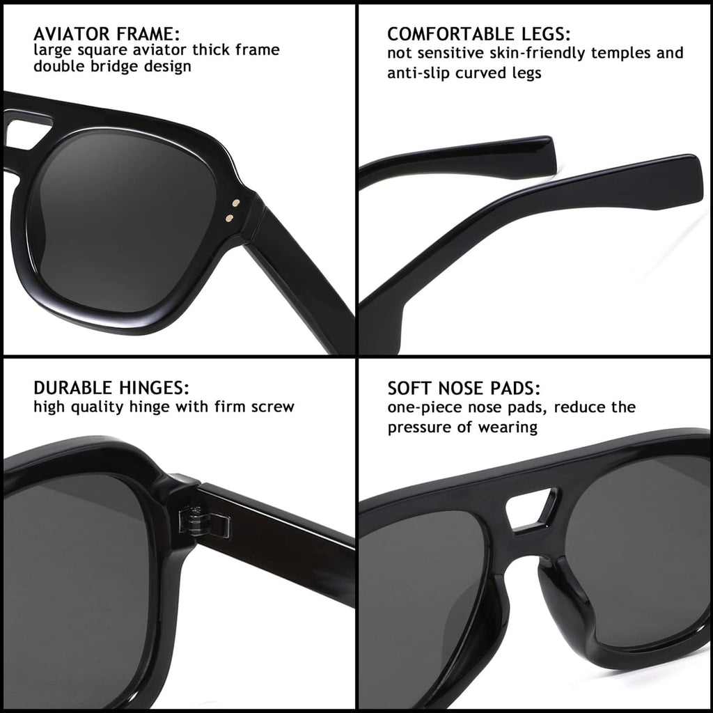 FEISEDY Vintage Aviator Sunglasses Double Bridge Women Men Large Square Thick Frame Trendy Eyewear UV400 B2846