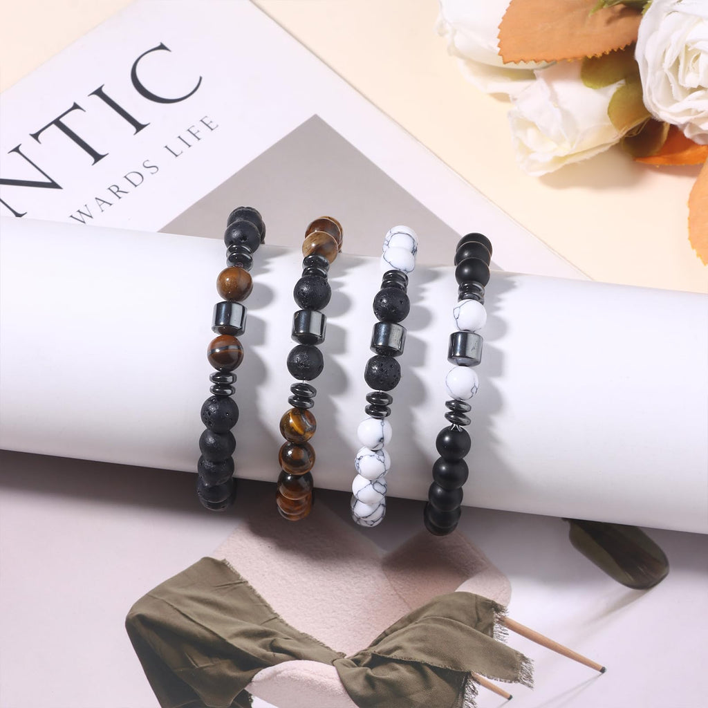 Giovanchi 4-12PCS Bracelets for Men, 8MM Mens Bracelets Lava Rock Black Obsidian Howlite Tiger Eye Beaded Natural Stone Bracelet Jewelry Gifts for Birthday Christmas