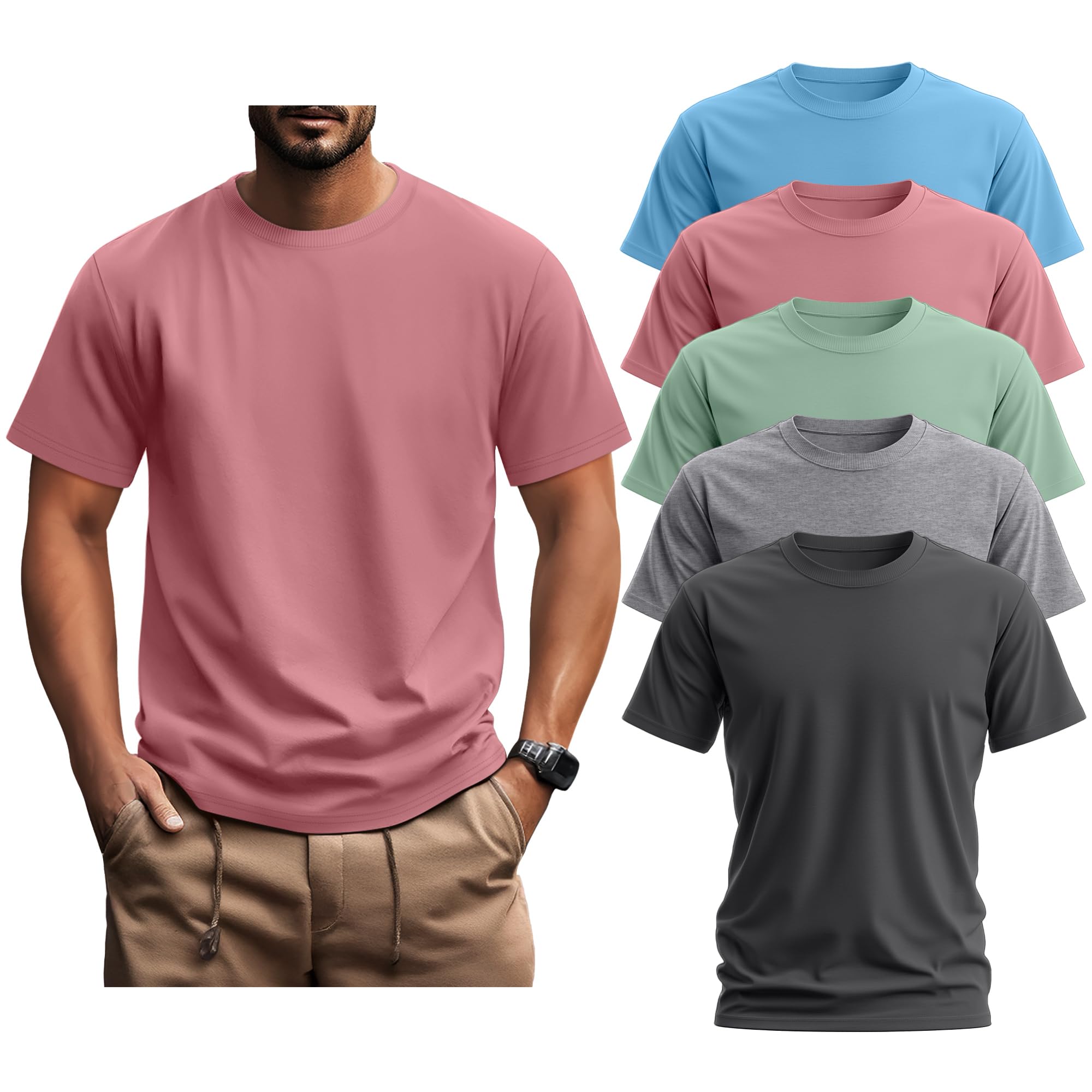 Ficerd 5 Pack Men's Big and Tall Shirts Short Sleeve Cotton Tee Summer Crew Neck Oversize Top Loose Fit Shirt Multipack