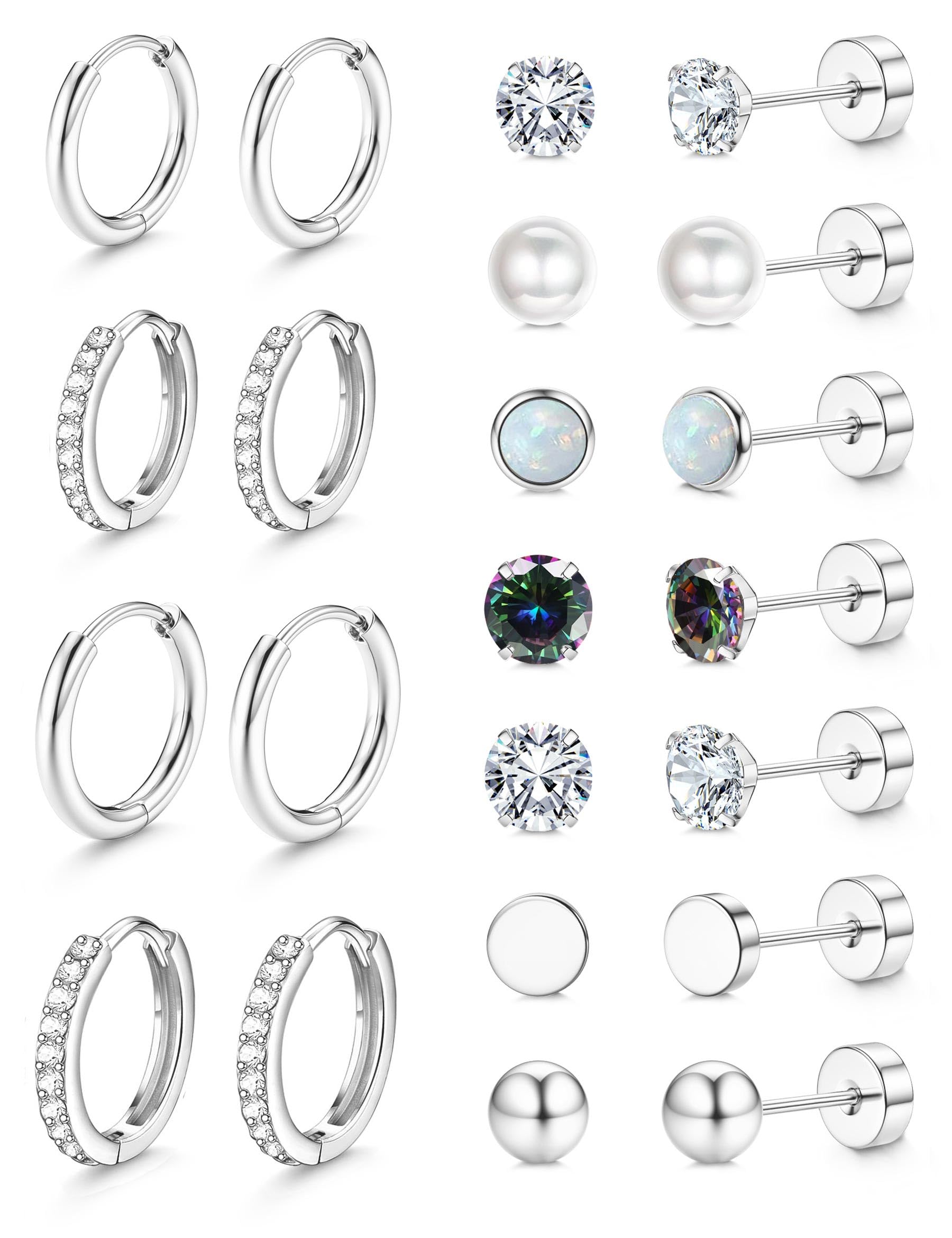 Jstyle Hypoallergenic Stud Hoop Earrings for Women Small Flat Back Surgical Stainless Steel Earrings for Sensitive Ears Trendy Silver Hoops Cartilage Earring Stacks Set Multiple Piercing Jewelry Gifts