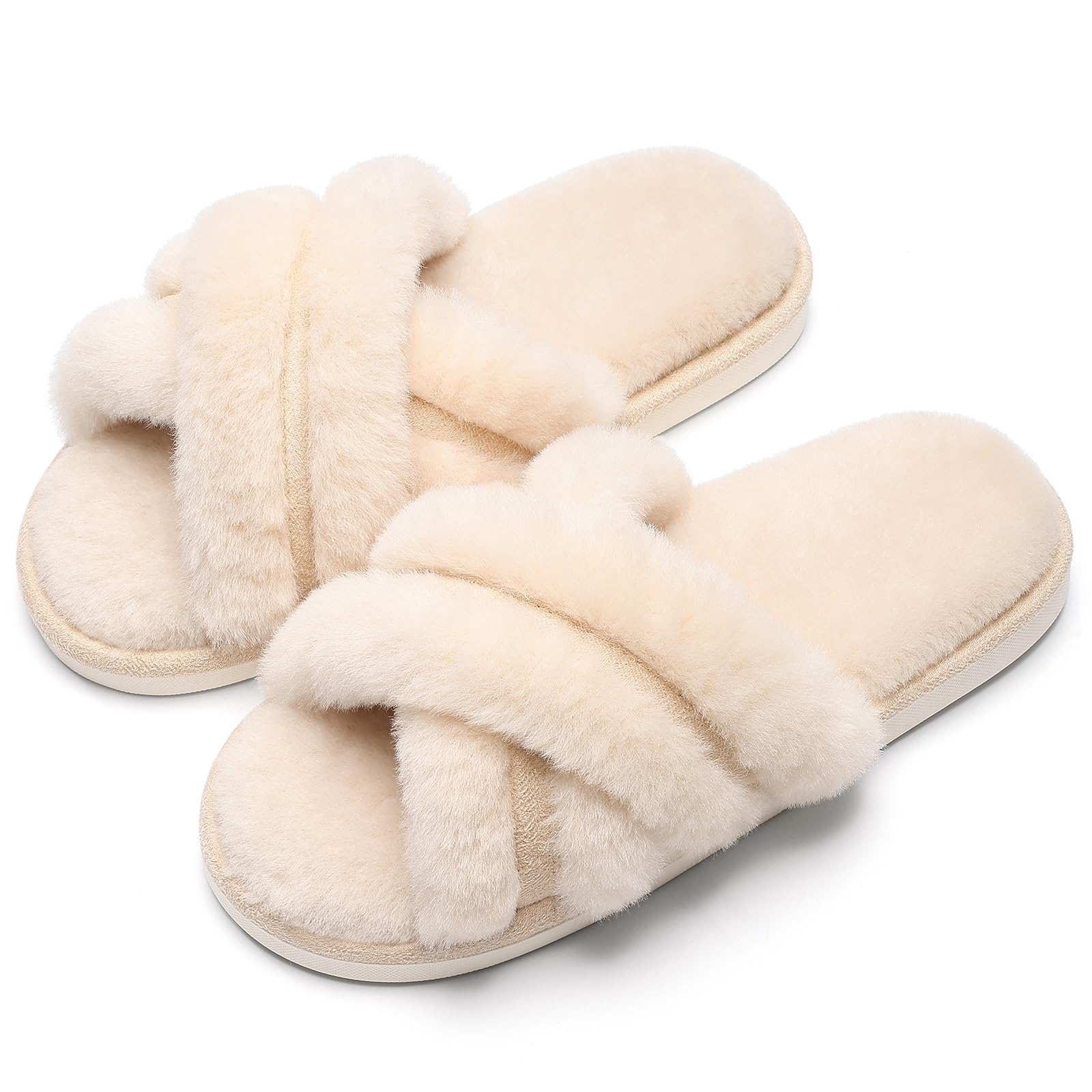 Evshine Women's Fuzzy Slippers Cross Band Memory Foam House Slippers Open Toe