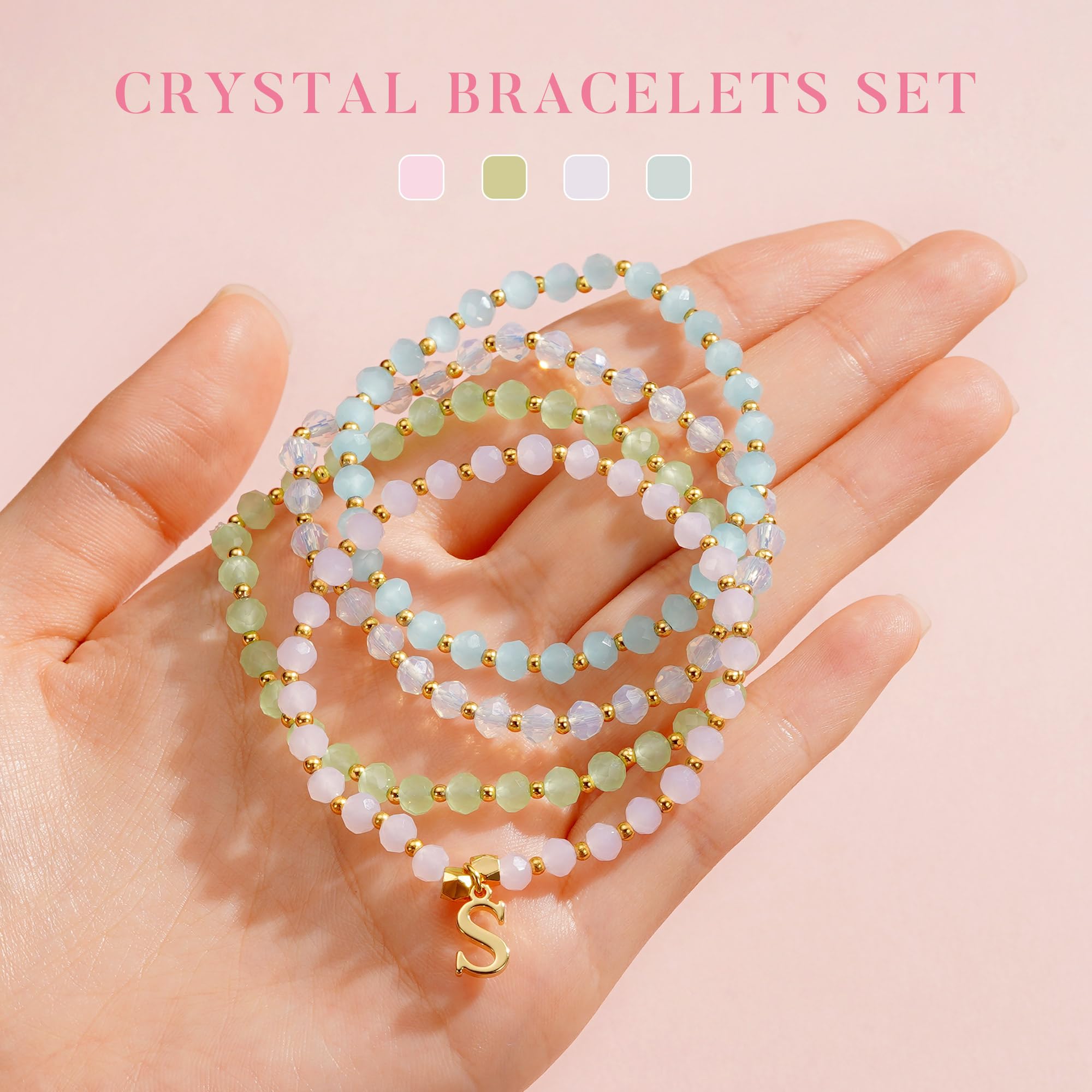 IEFWELL Initial Bracelets for Women Girls - 4Pcs Crystal Bracelets Set Pink/Blue/White/Green Crystals Beaded Bracelet Stretch Bracelet Kid Jewelry Birthday Gifts for Teen Girls Kids Toddler