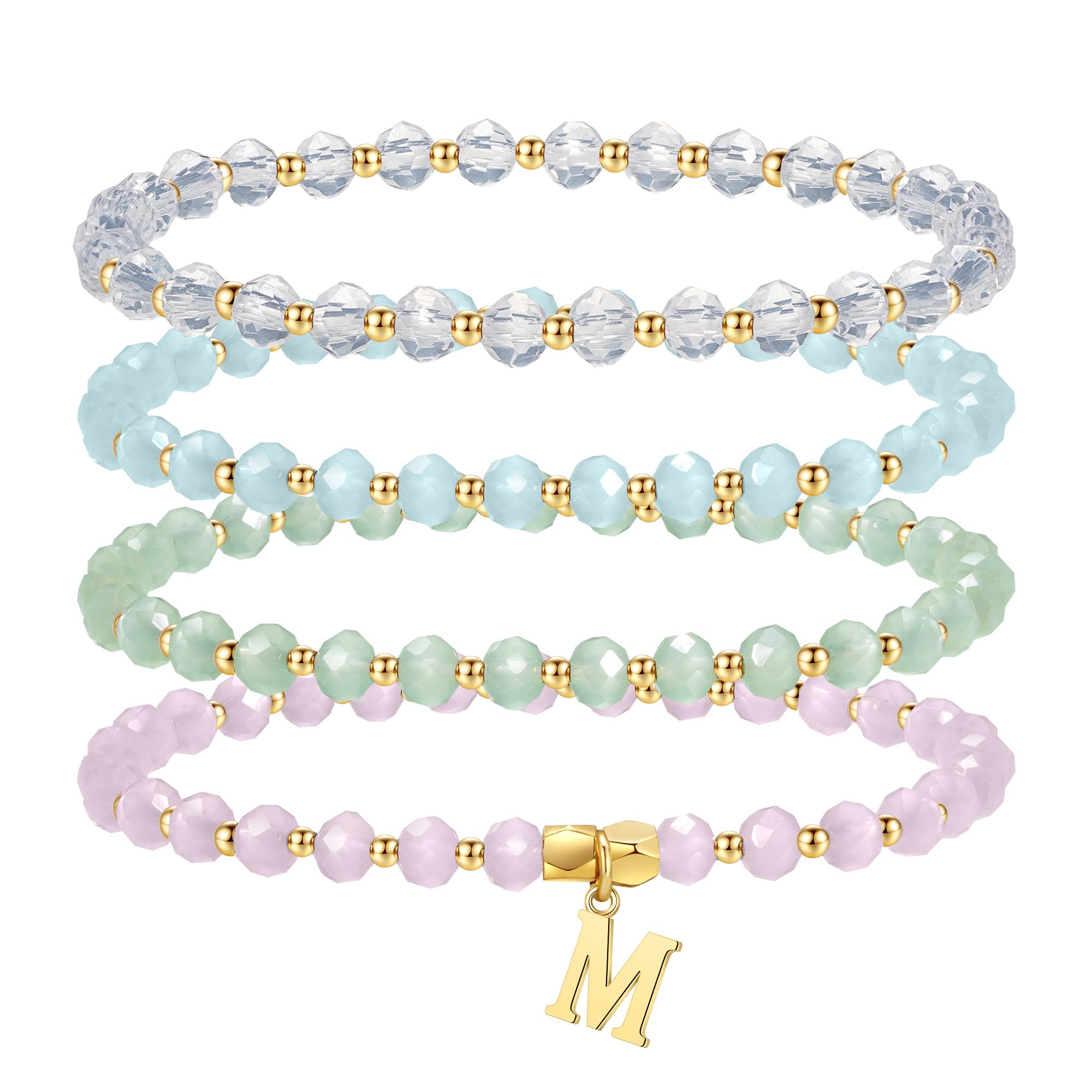 IEFWELL Initial Bracelets for Women Girls - 4Pcs Crystal Bracelets Set Pink/Blue/White/Green Crystals Beaded Bracelet Stretch Bracelet Kid Jewelry Birthday Gifts for Teen Girls Kids Toddler