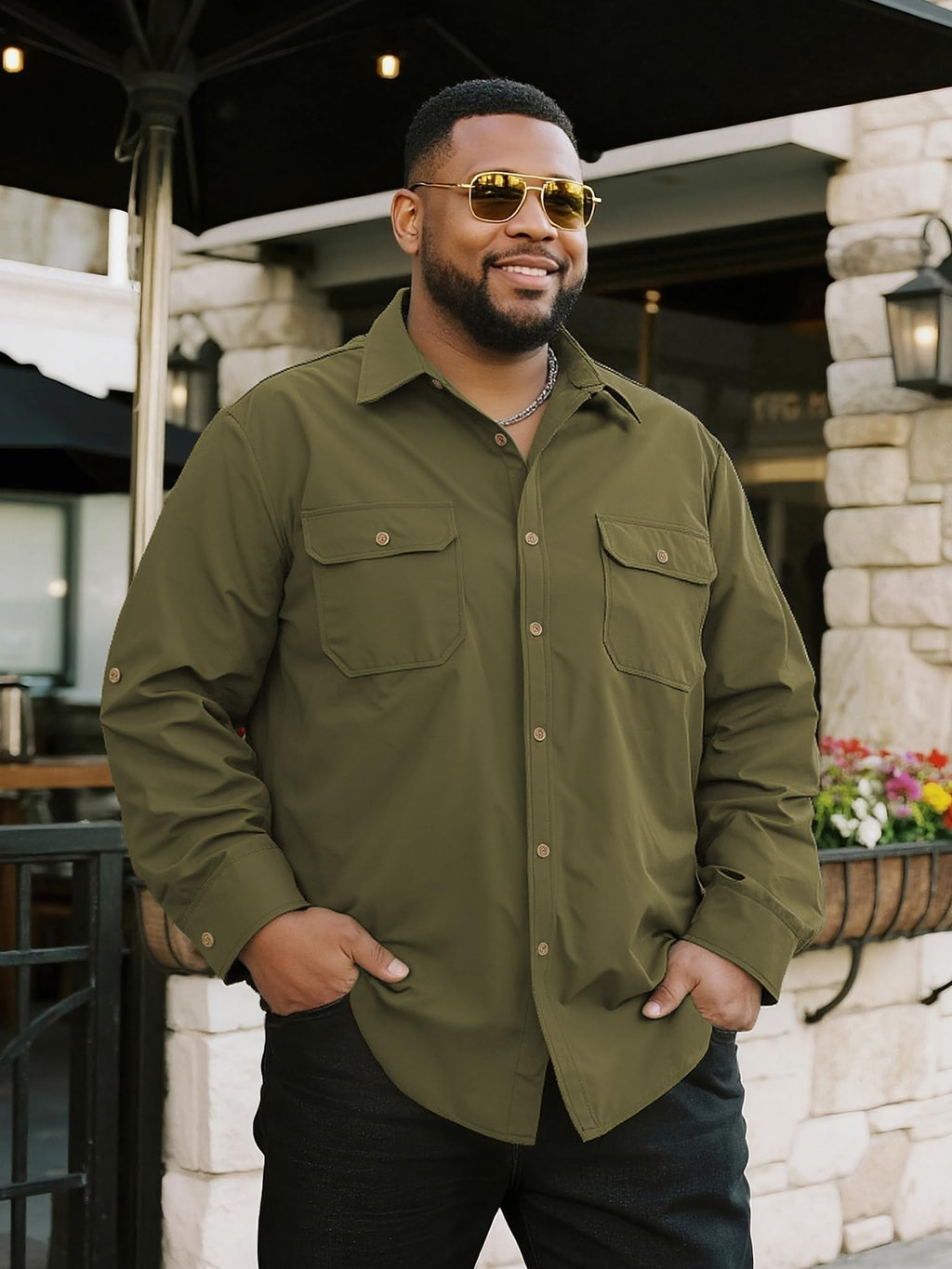 Big and Tall Shirts for Men,Button Down Work Shirt with Roll-Up Sleeves and Utility Pockets,Casual Outdoor Western Fit